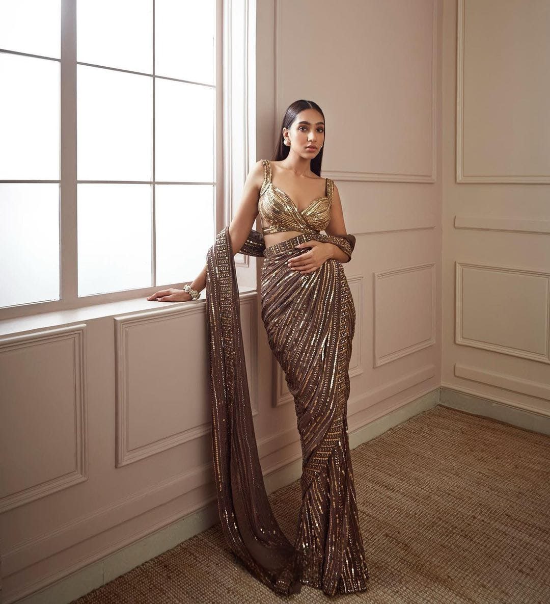 Outstanding Rust Color Georgette Sequence Work Designer Saree with Blouse