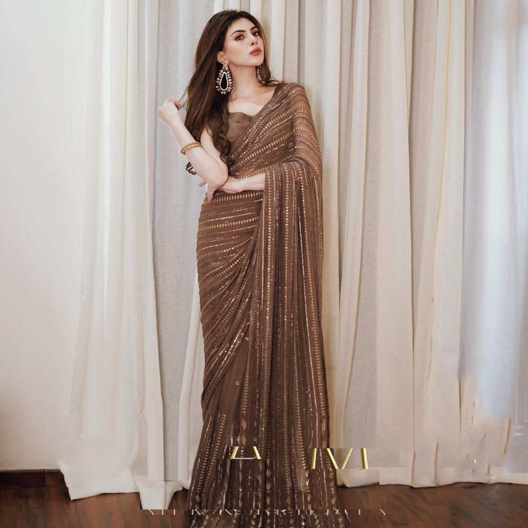 Rust Color Georgette Sequence Work Designer Saree with Blouse