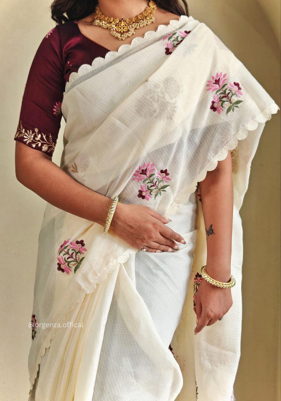 Soft Khadi Kota Chex Multi Coloured Embroidered Saree with Designer Cut Work