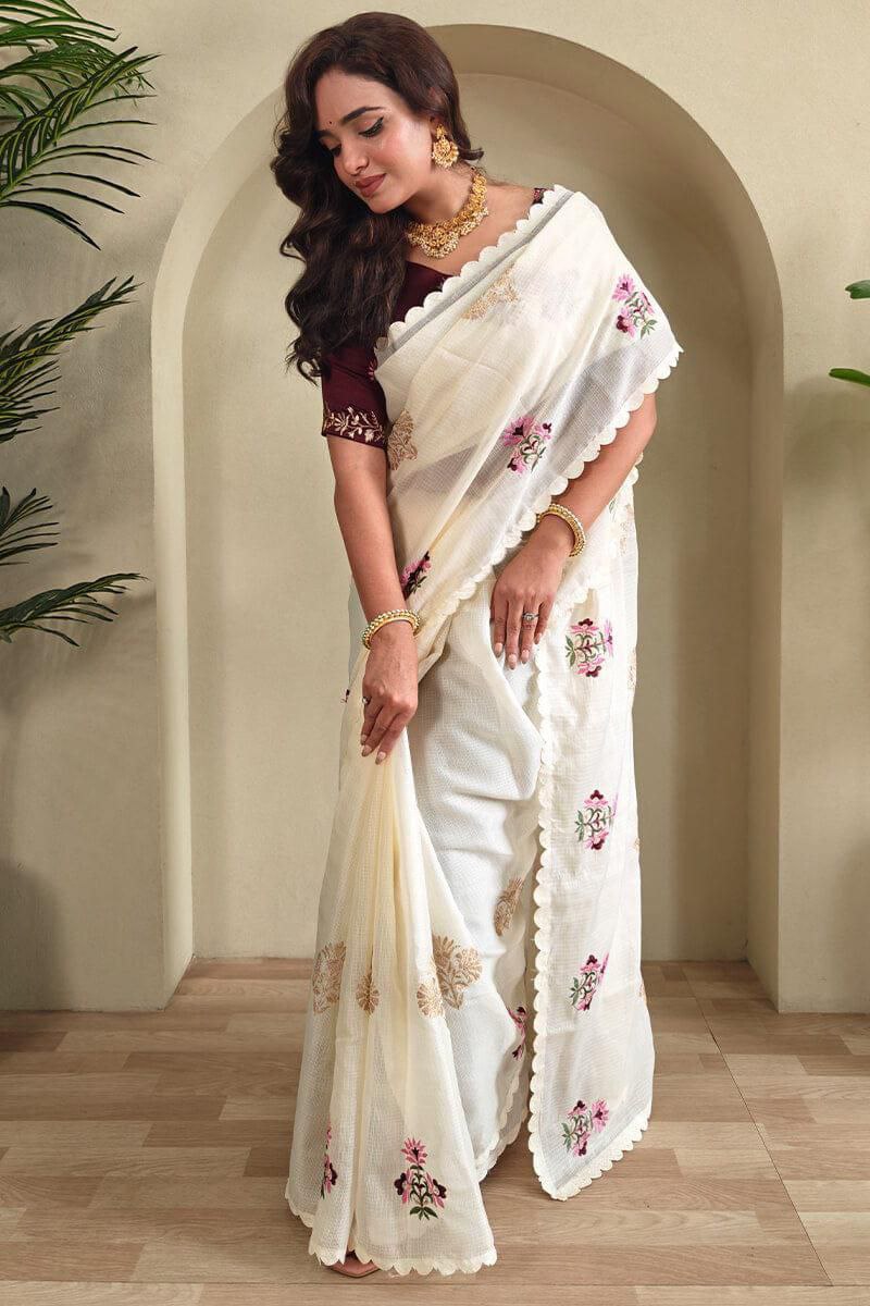 Soft Khadi Kota Chex Multi Coloured Embroidered Saree with Designer Cut Work