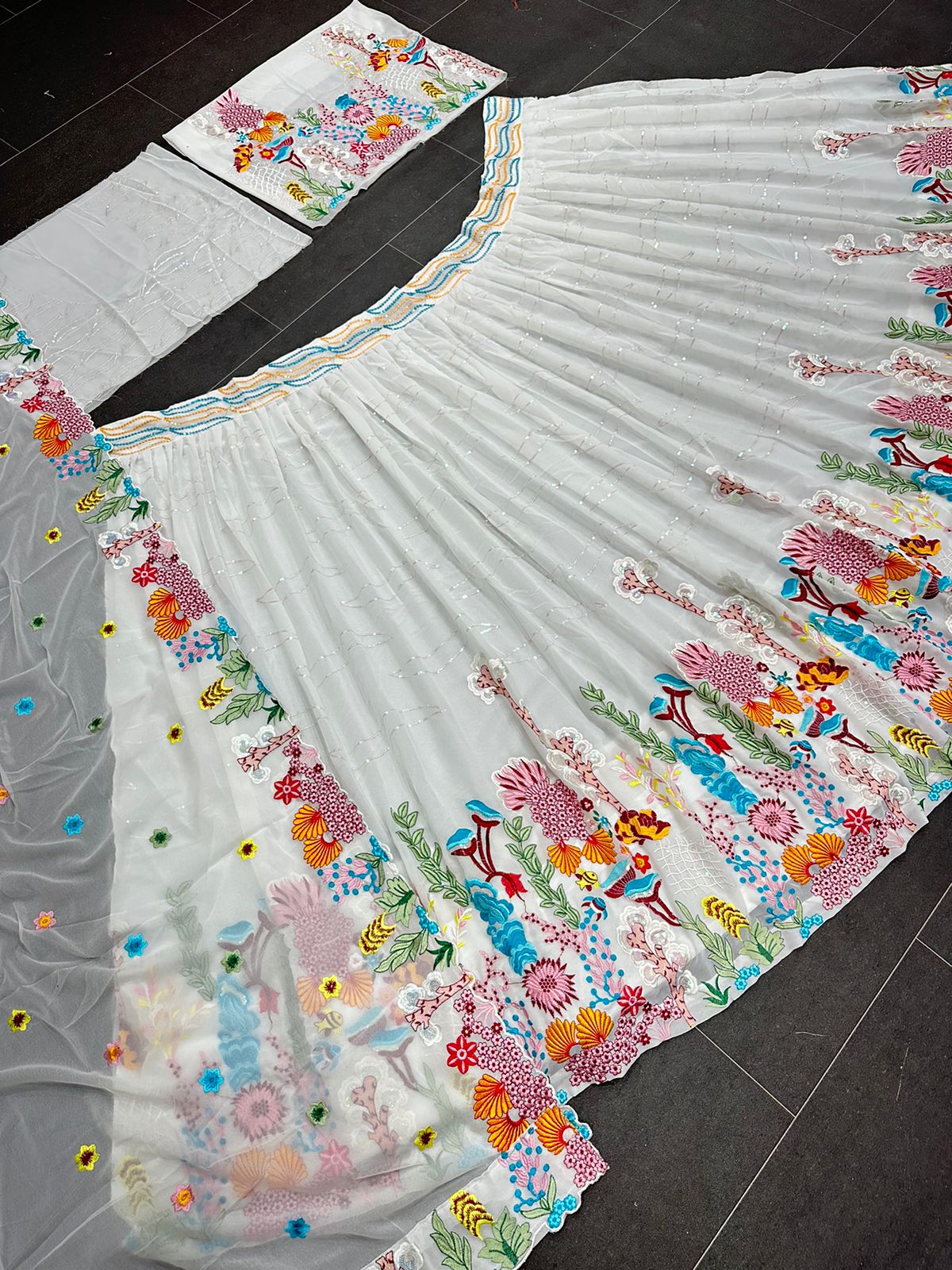 White Multi Color Thread Embroidered Lehenga Choli