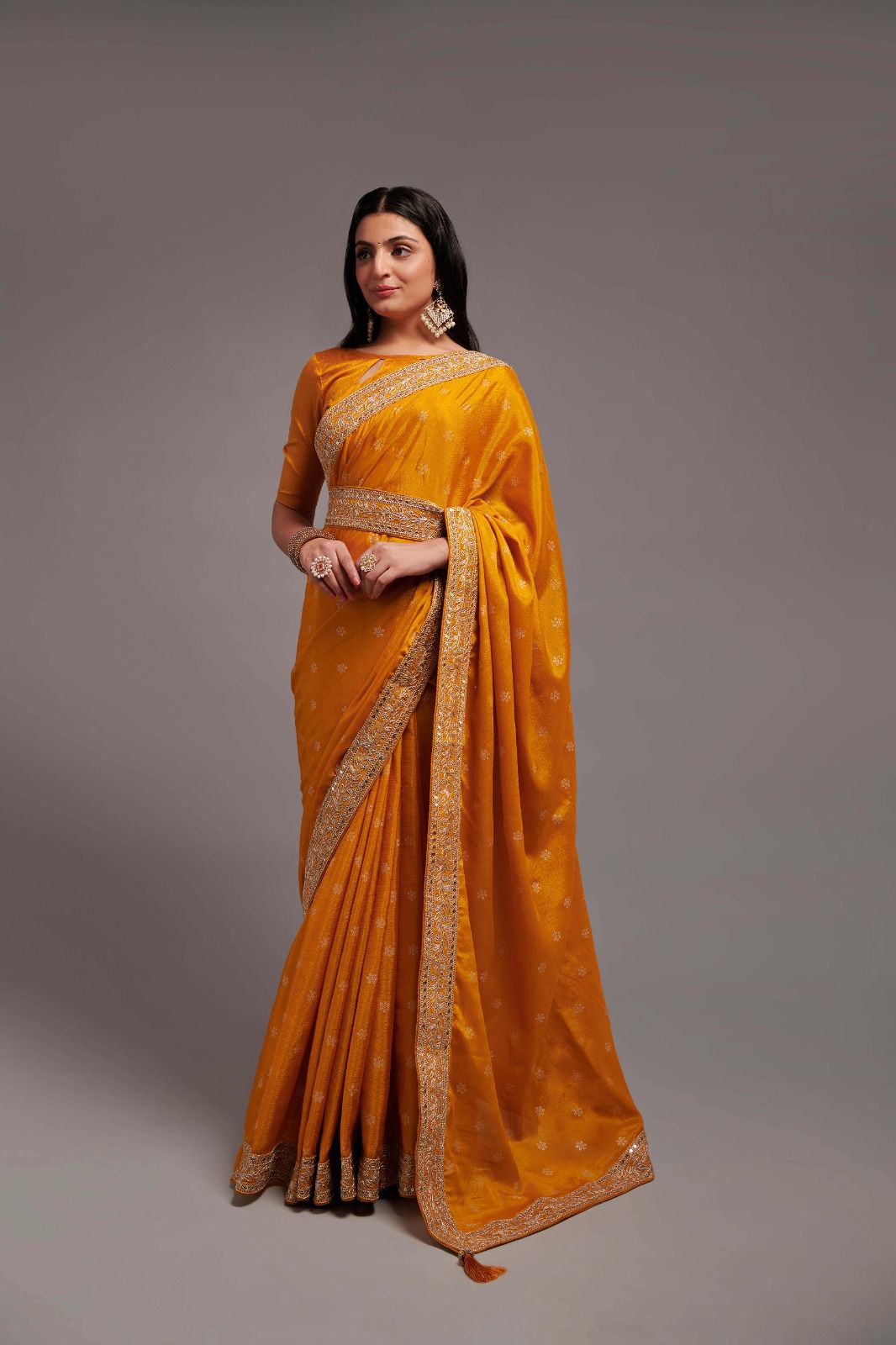 Wedding Wear Chinon Silk Embroidered Border Work Saree
