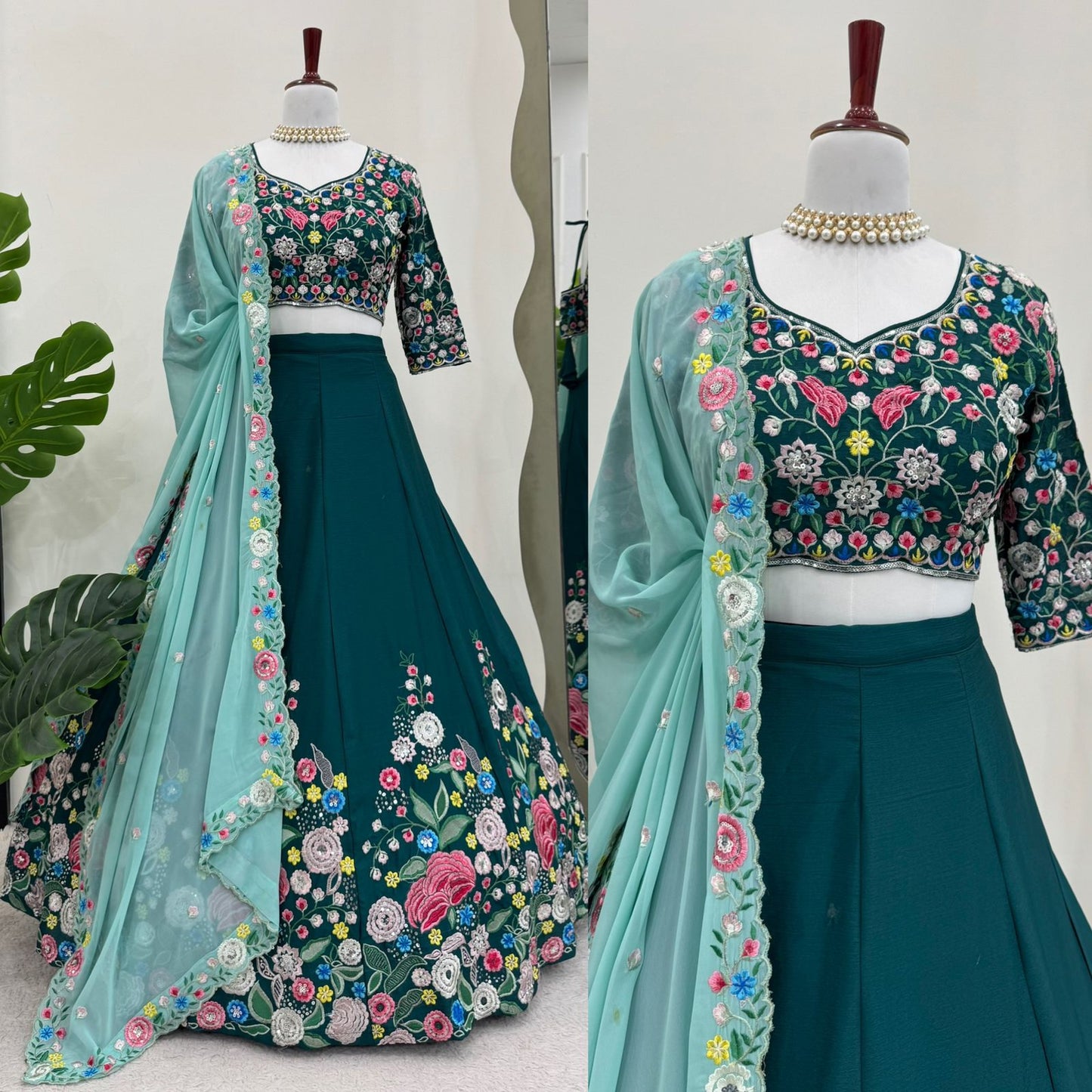 Green Color Floral Work Silk Semi Stitched Lehenga Choli