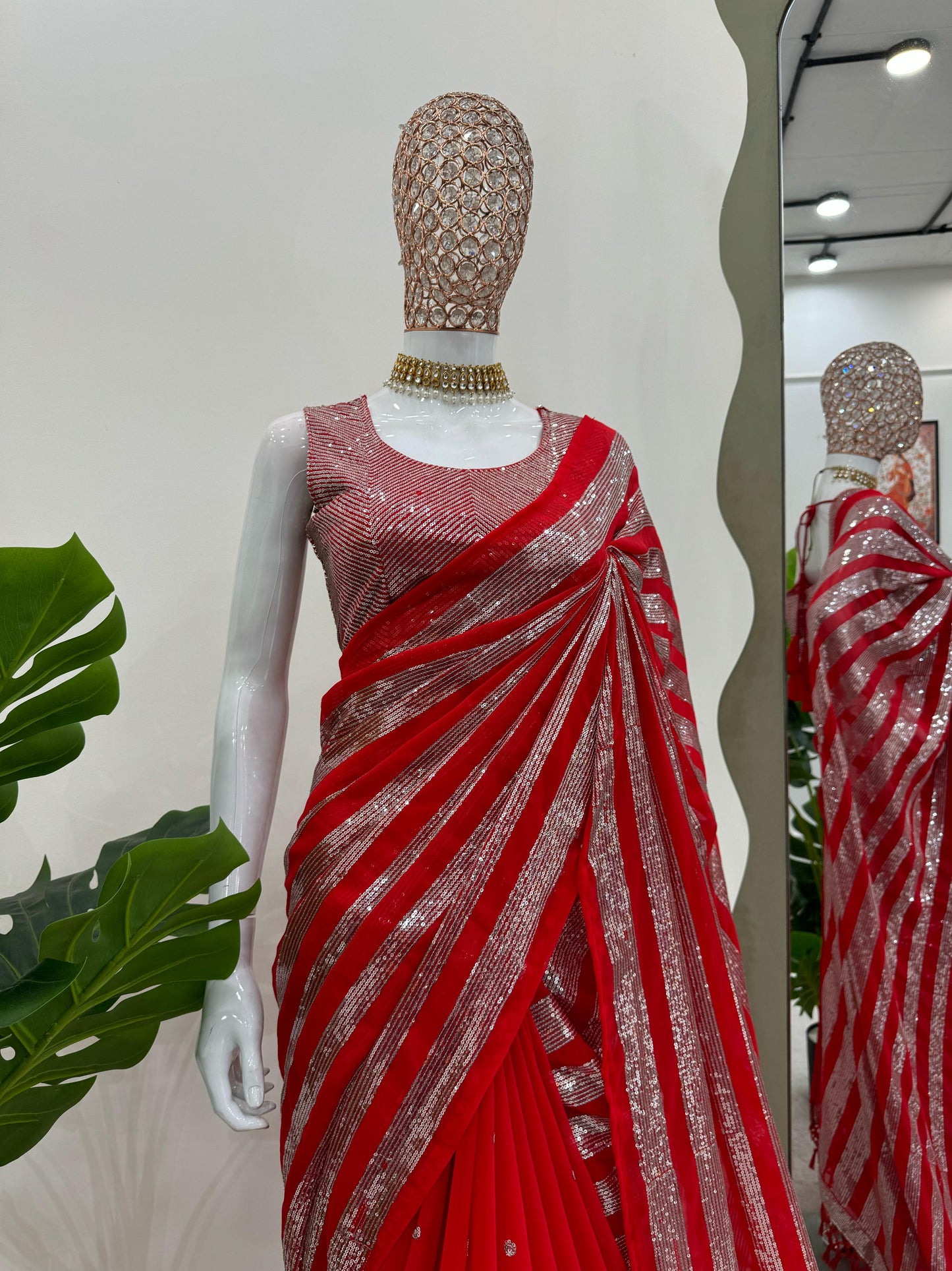 Party wear georgette Red color Sequence Work Saree