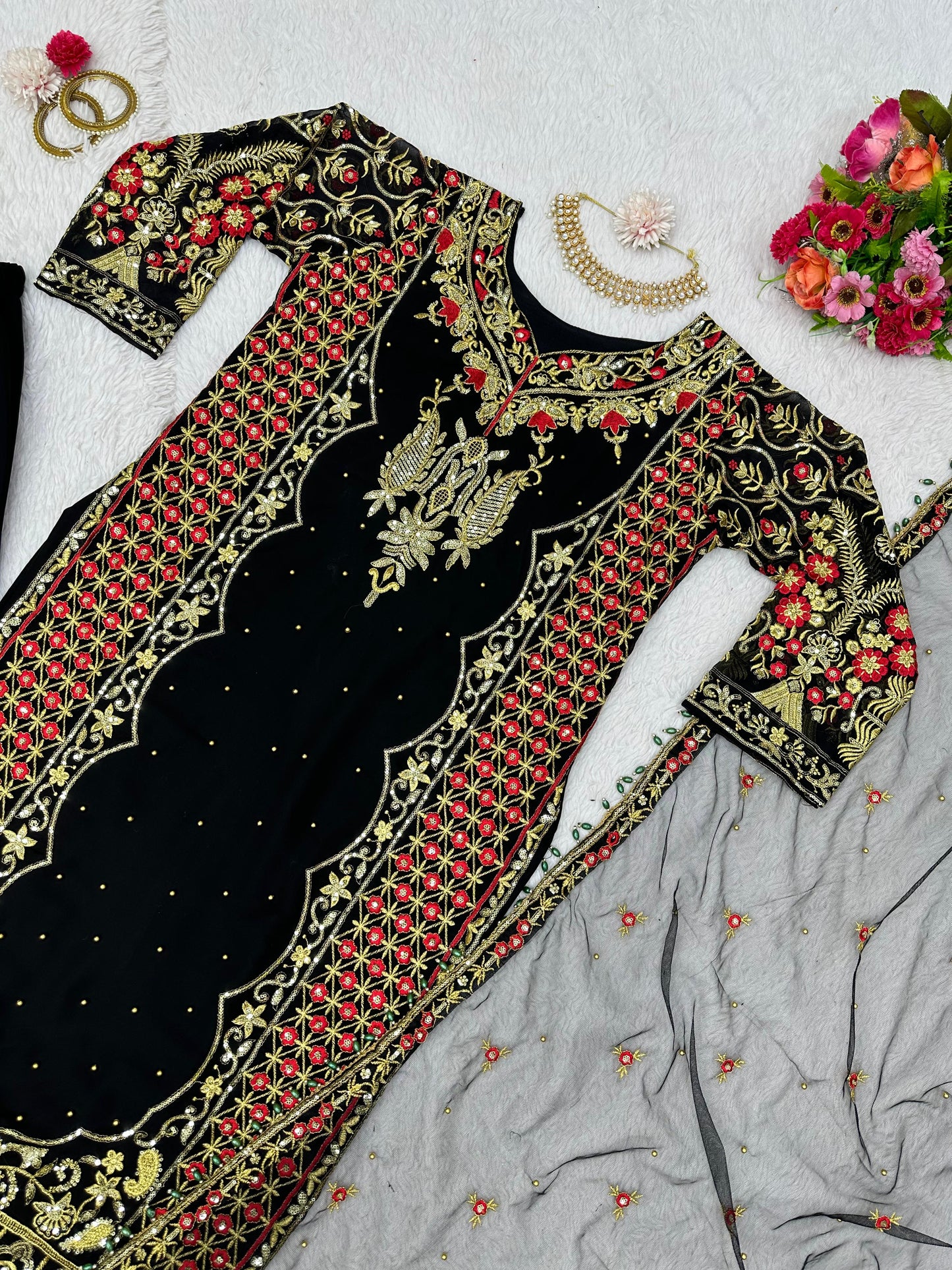 Black Georgette Jari Embroidered Stitched Salwar suit