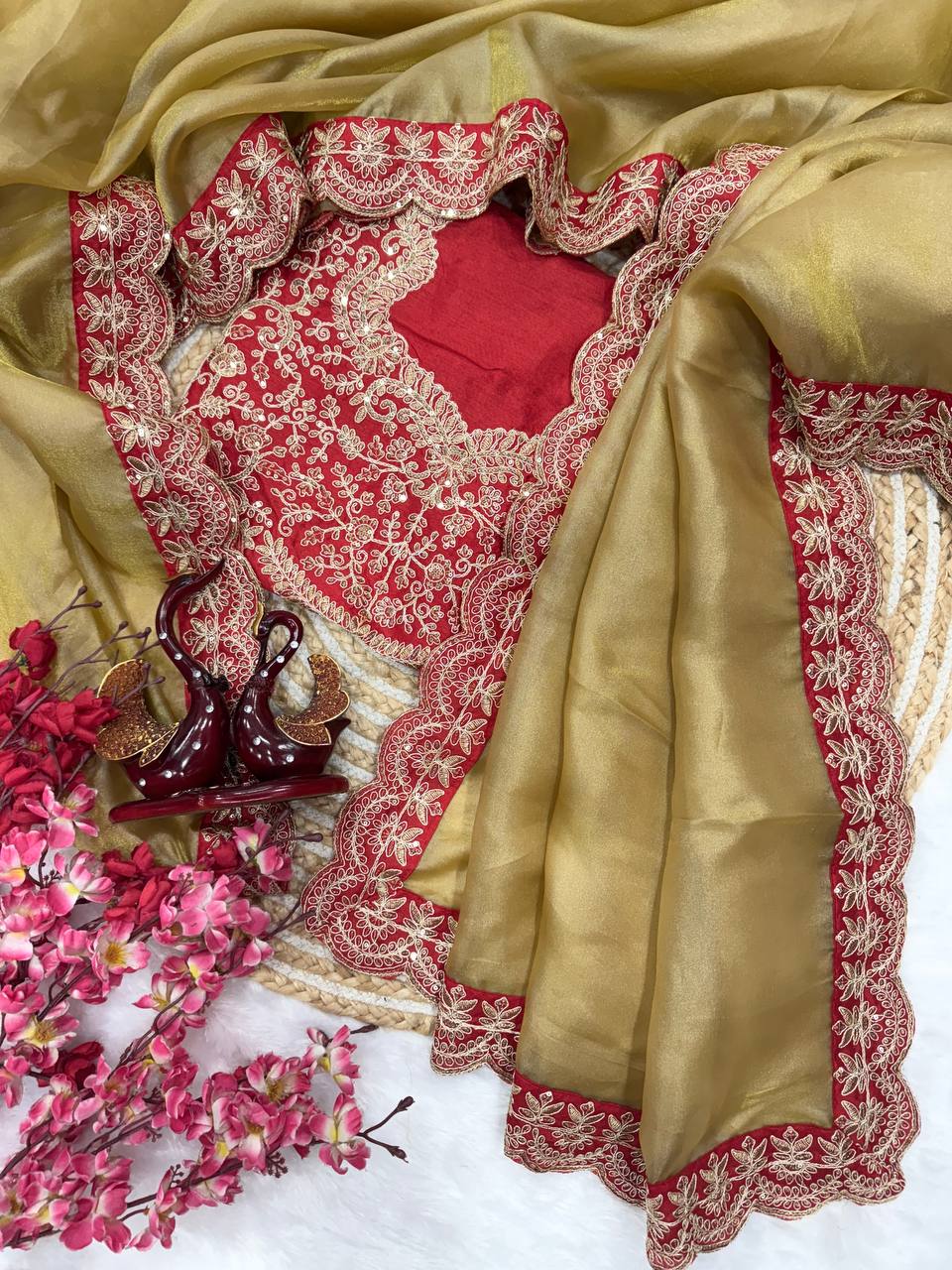Gold Zoya Tissue Saree With Sequins and Cording Work Lace