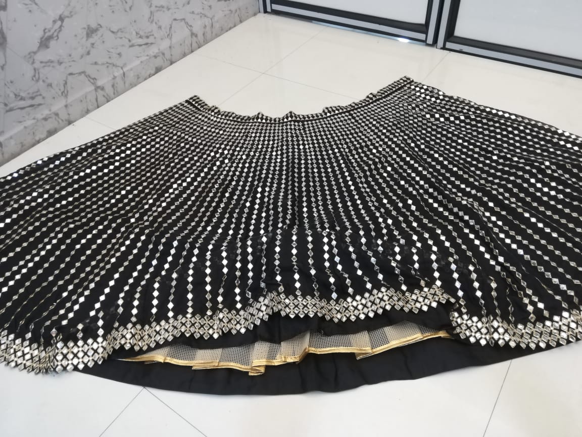 Black Georgette Pepar Mirror Worked Wedding Wear Lehenga Choli