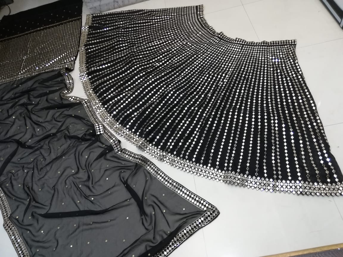 Black Georgette Pepar Mirror Worked Wedding Wear Lehenga Choli