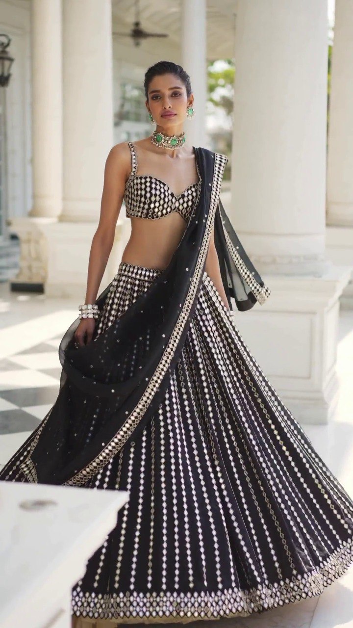 Black Georgette Pepar Mirror Worked Wedding Wear Lehenga Choli