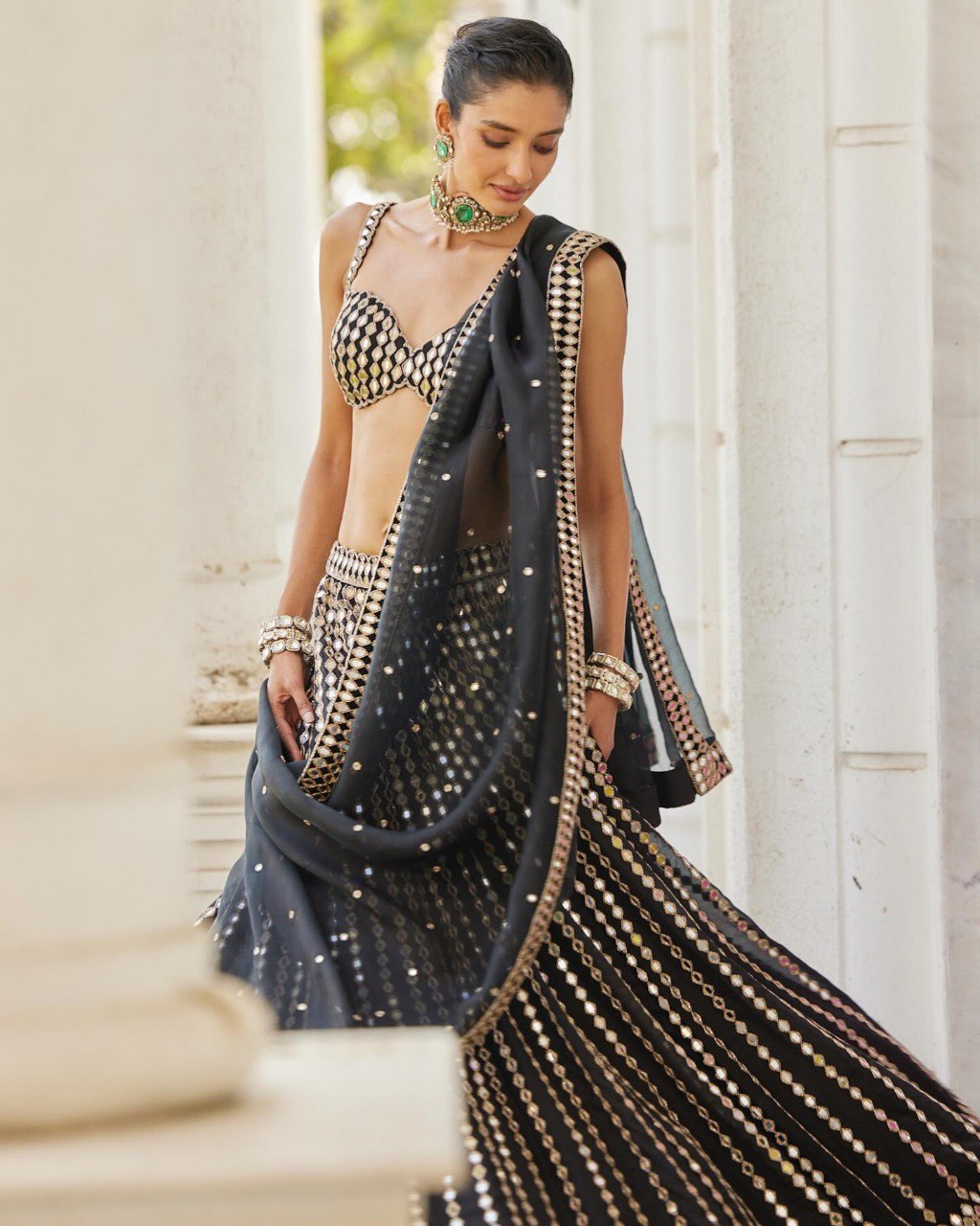 Black Georgette Pepar Mirror Worked Wedding Wear Lehenga Choli