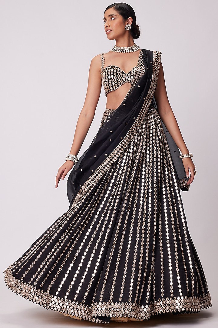 Black Georgette Pepar Mirror Worked Wedding Wear Lehenga Choli