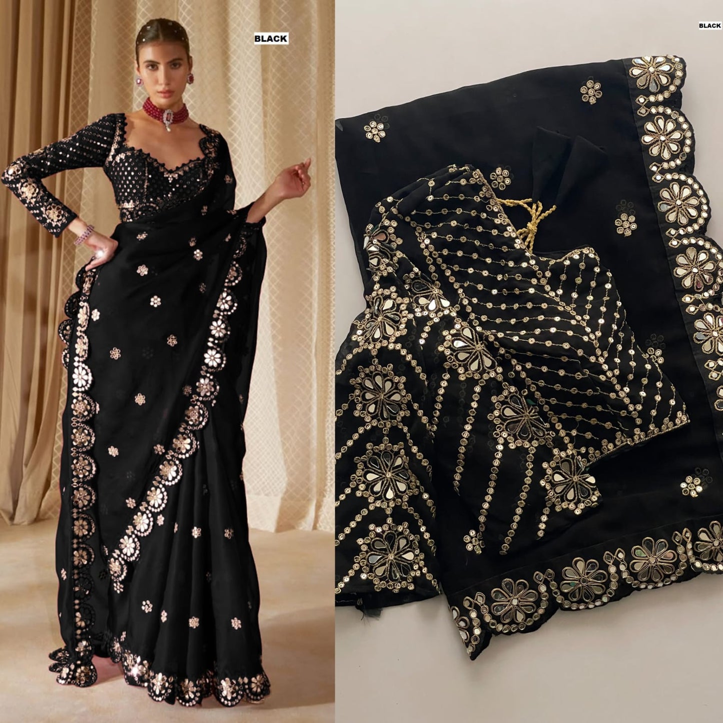 Stitched Blouse With Real Mirror Work Georgette Saree