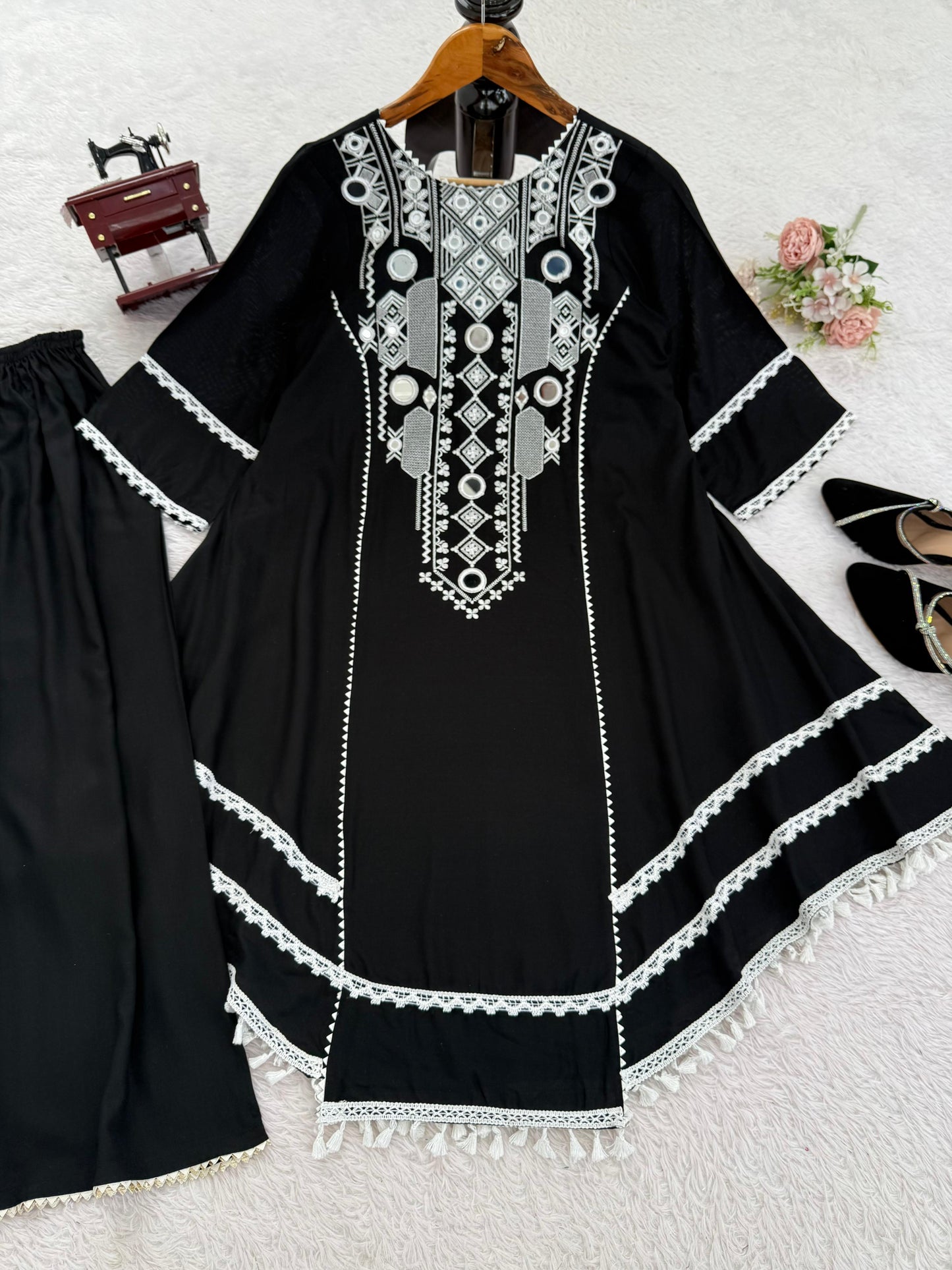 Black Color Rayon Cotton Fully Stitched Plazo Suit