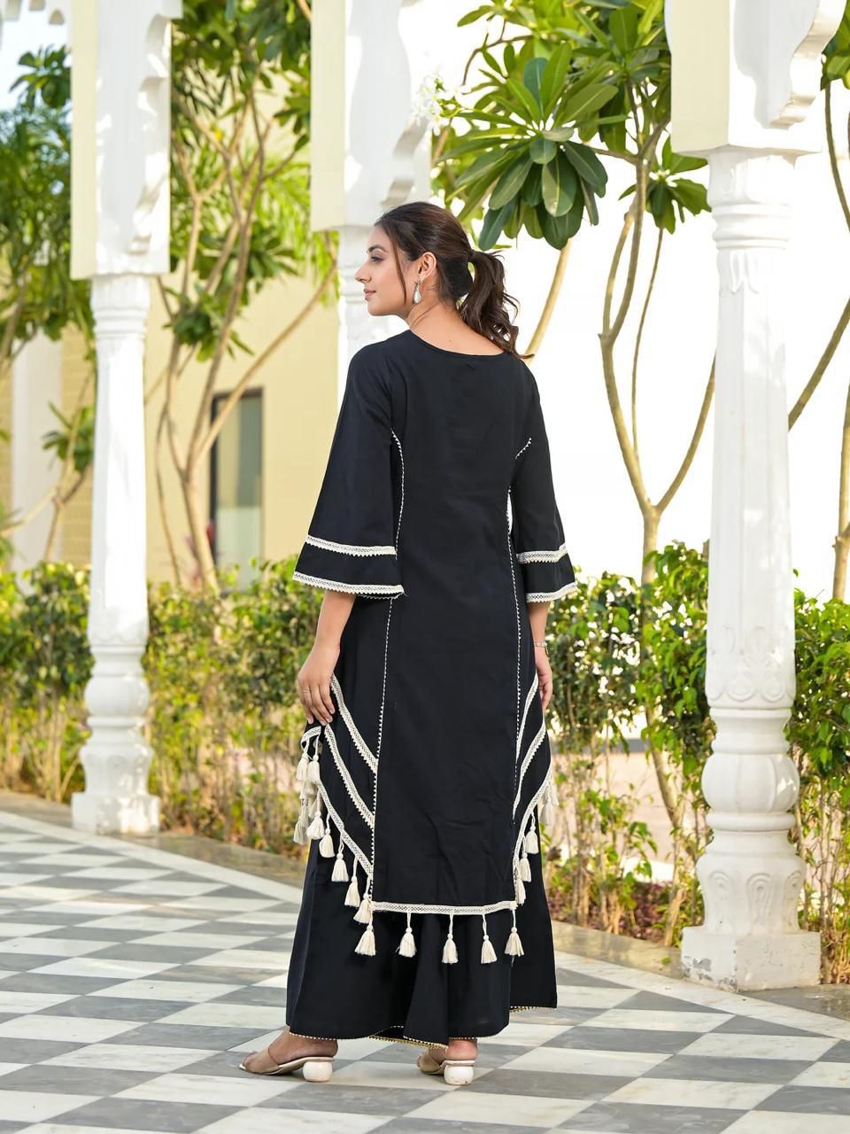 Black Color Rayon Cotton Fully Stitched Plazo Suit