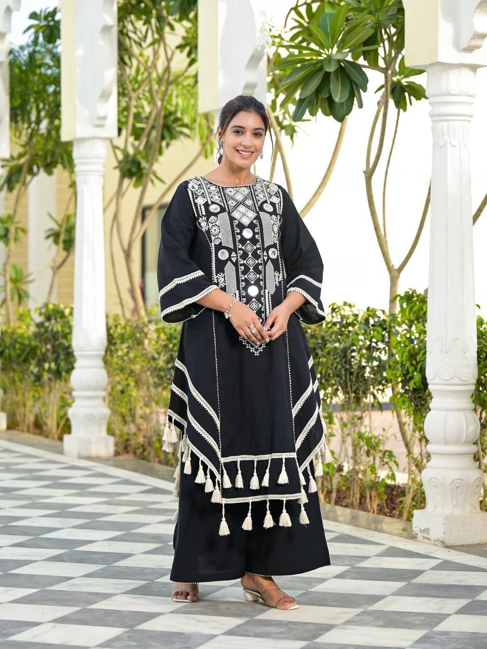 Black Color Rayon Cotton Fully Stitched Plazo Suit