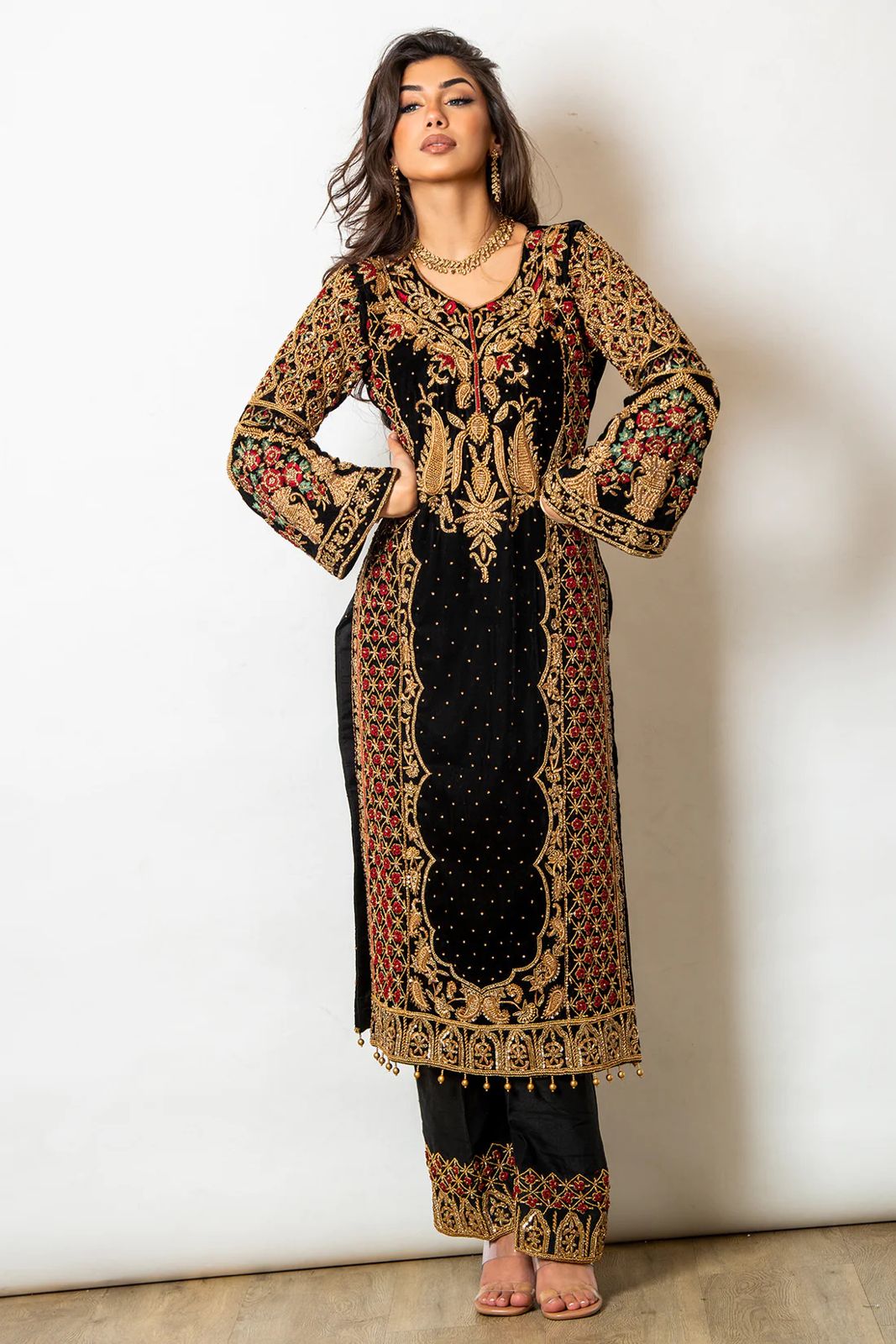 Black Georgette Jari Embroidered Stitched Salwar suit