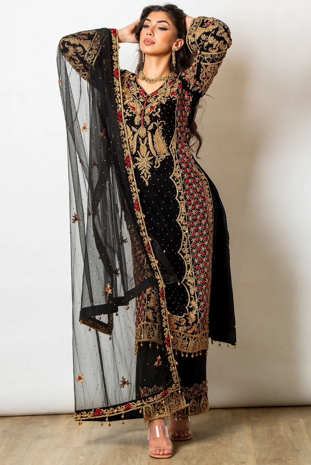 Black Georgette Jari Embroidered Stitched Salwar suit