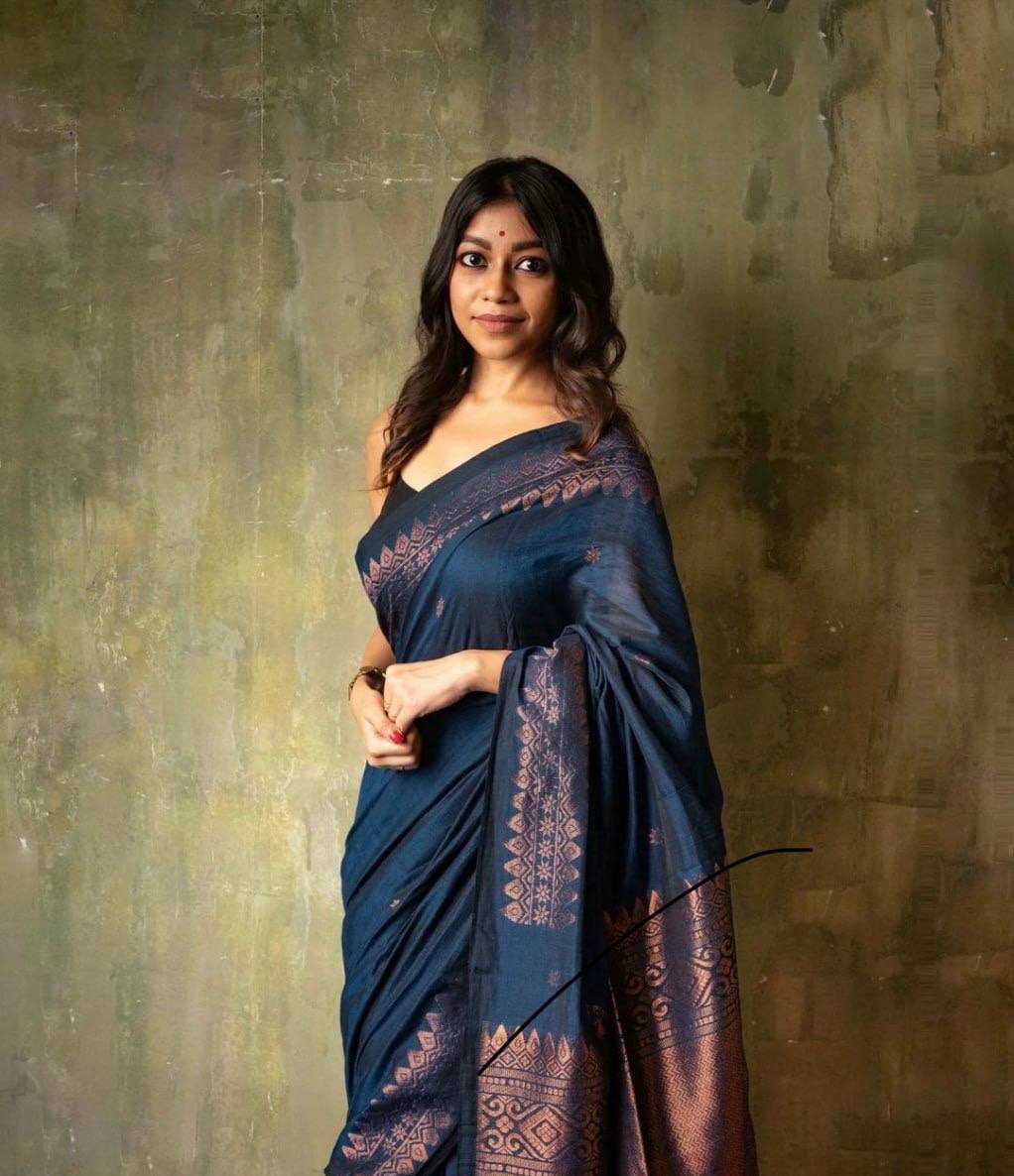 Blue Color Lichi Silk Rich Pallu Jacquard Saree Blouse