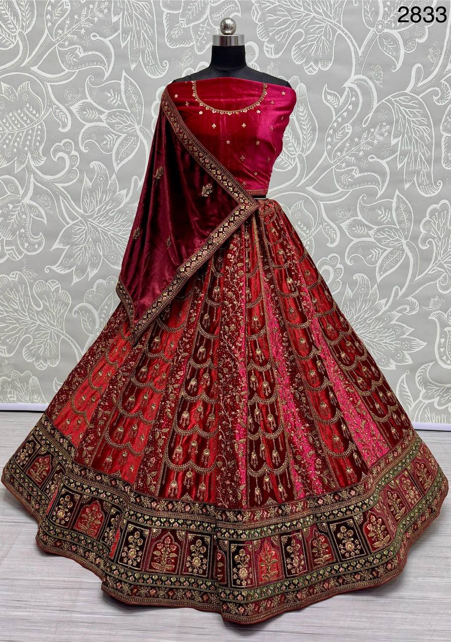 Bridal Wear Pink Velvet Heavy Work Lehenga Choli