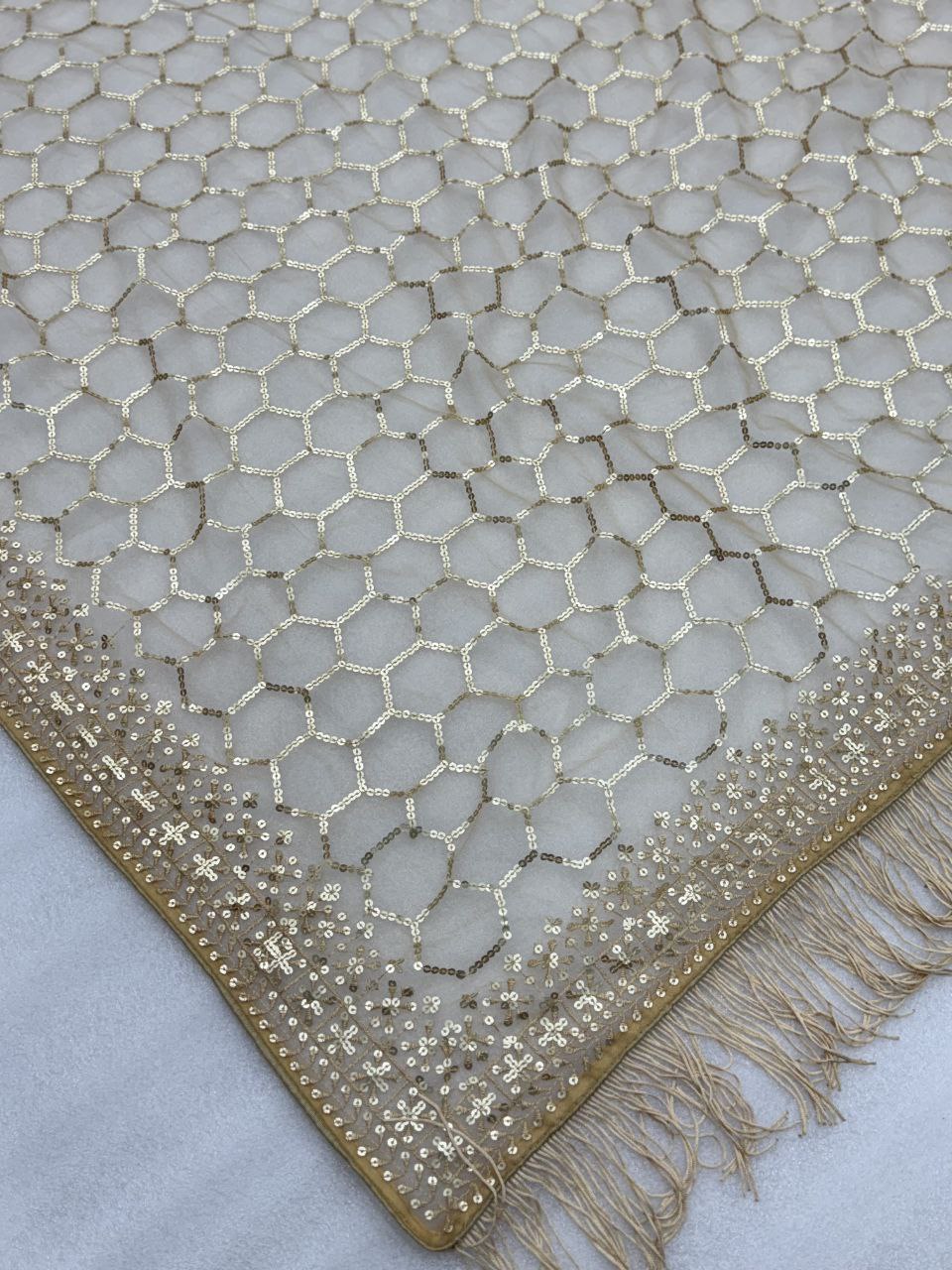 Cream Soft Net Sequence Embroidered Saree Blouse