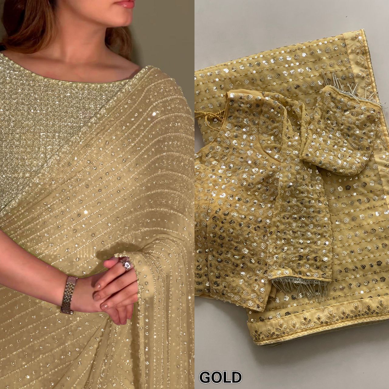 Party Wear Georgette Saree With Heavy Sequins Embroidery