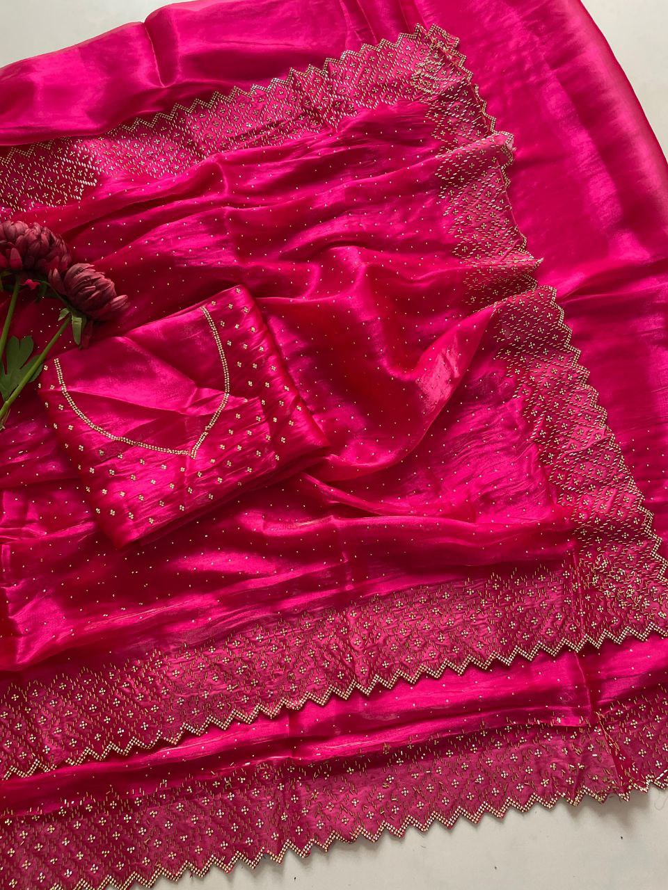 Heavy Jimmy Chu Fabric, Zarkhan & Diamond Embellished Saree, 7 Colors