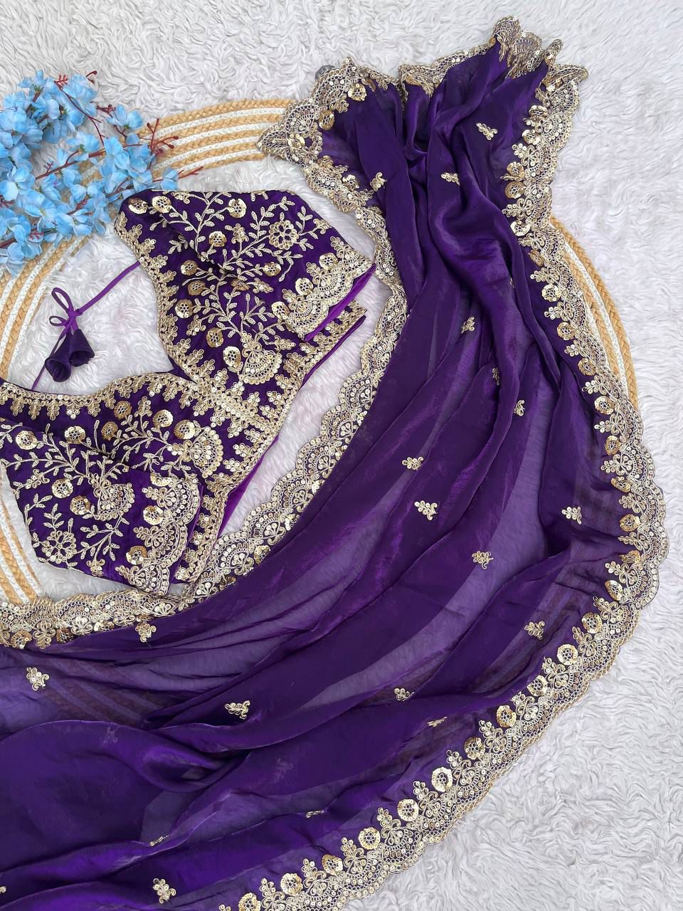 Fandy Satin Silk Cut Work Lace Border Saree With Stitched Blouse