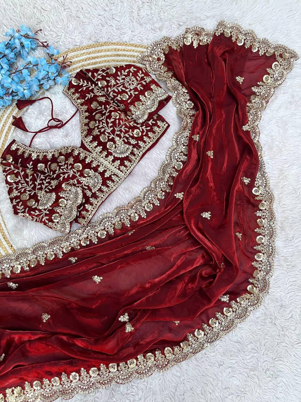 Fandy Satin Silk Cut Work Lace Border Saree With Stitched Blouse
