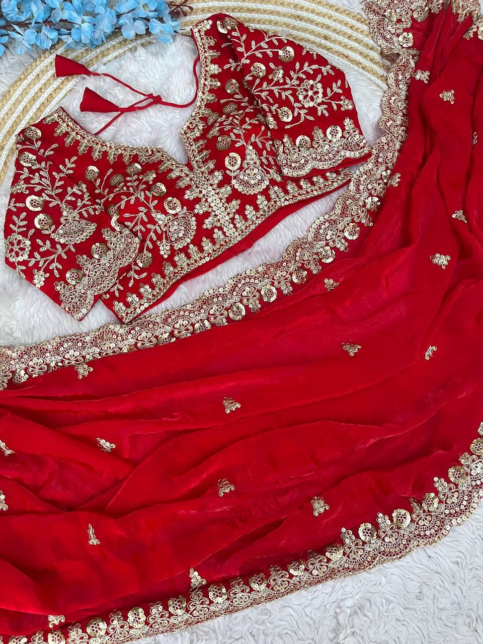 Fandy Satin Silk Cut Work Lace Border Saree With Stitched Blouse