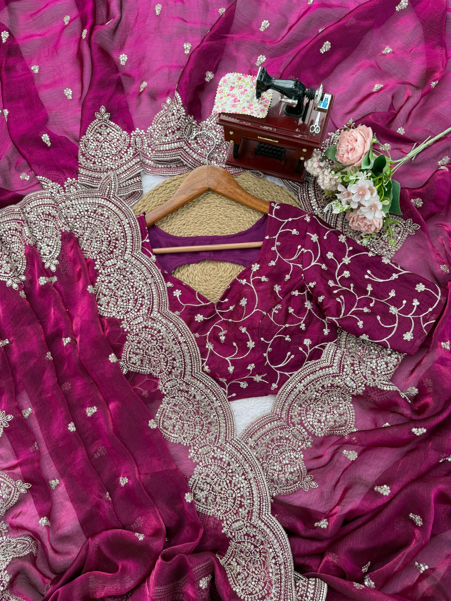 Magenta Purple Fendi Chiffon Heavy Border Work Saree