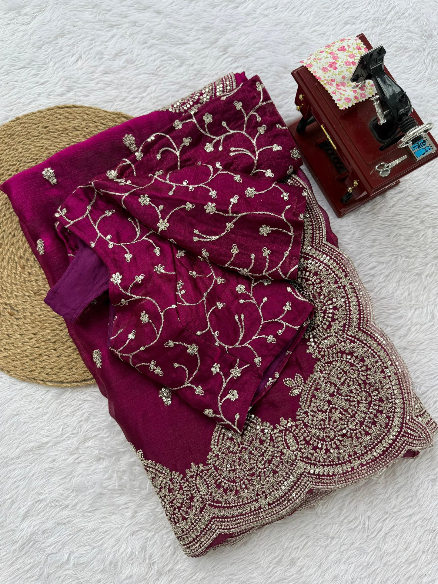 Magenta Purple Fendi Chiffon Heavy Border Work Saree