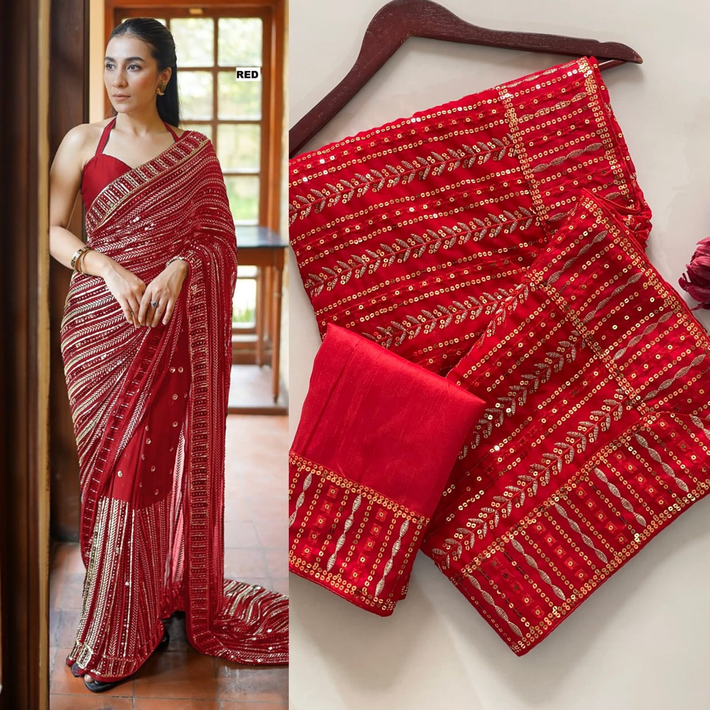 Party Wear Gold Sequence Work Saree Blouse