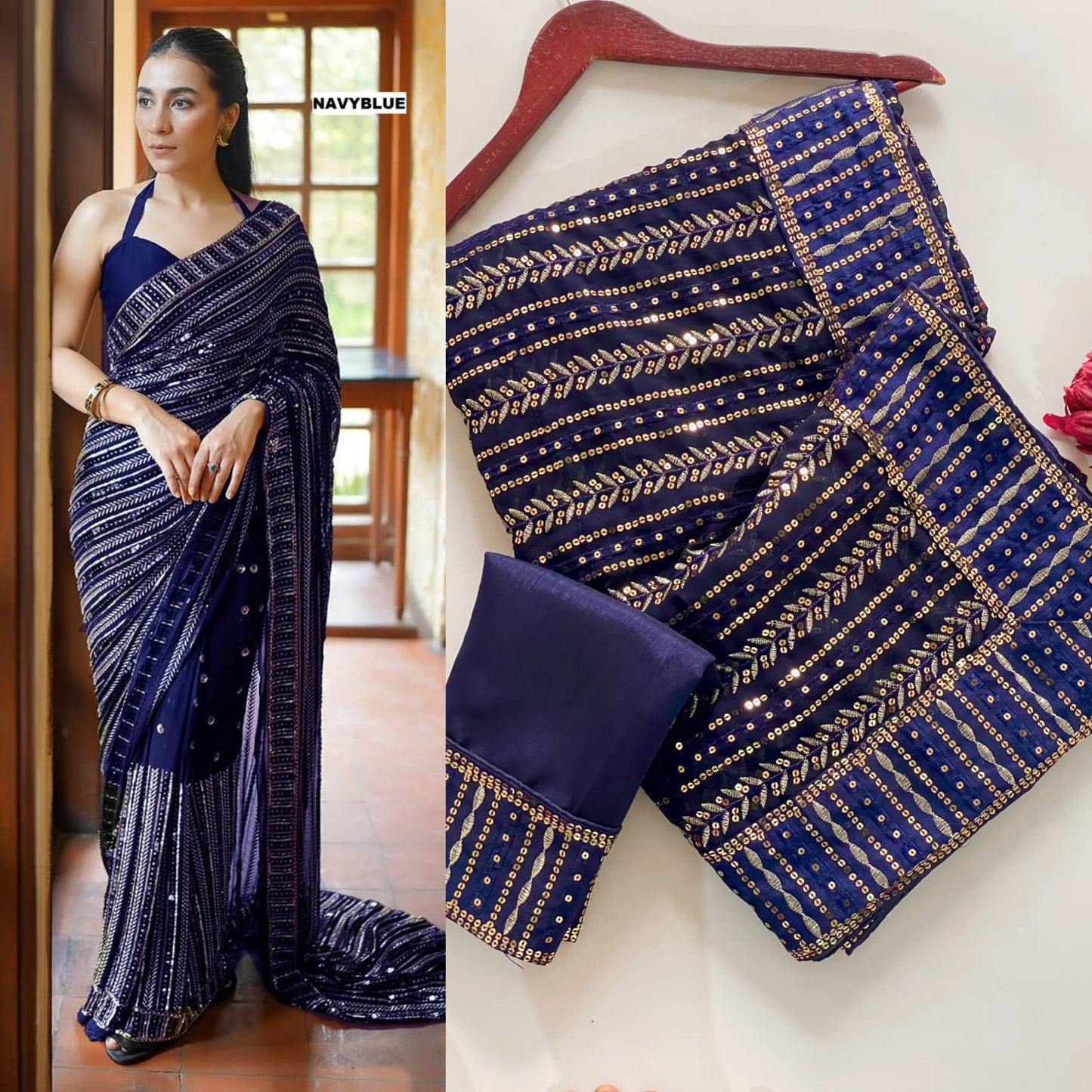 Party Wear Gold Sequence Work Saree Blouse