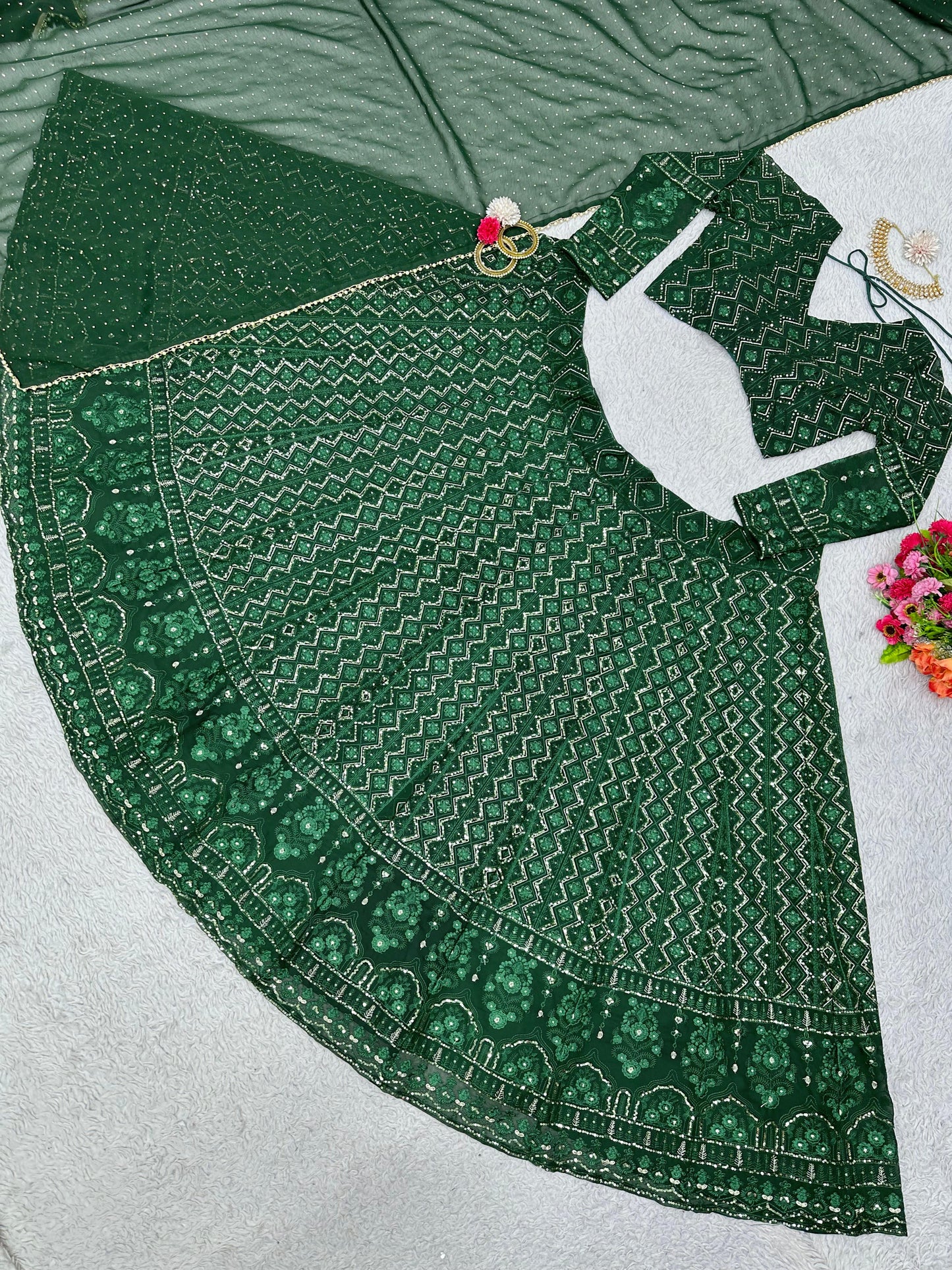 Green Georgette Embroidered Lehenga Choli