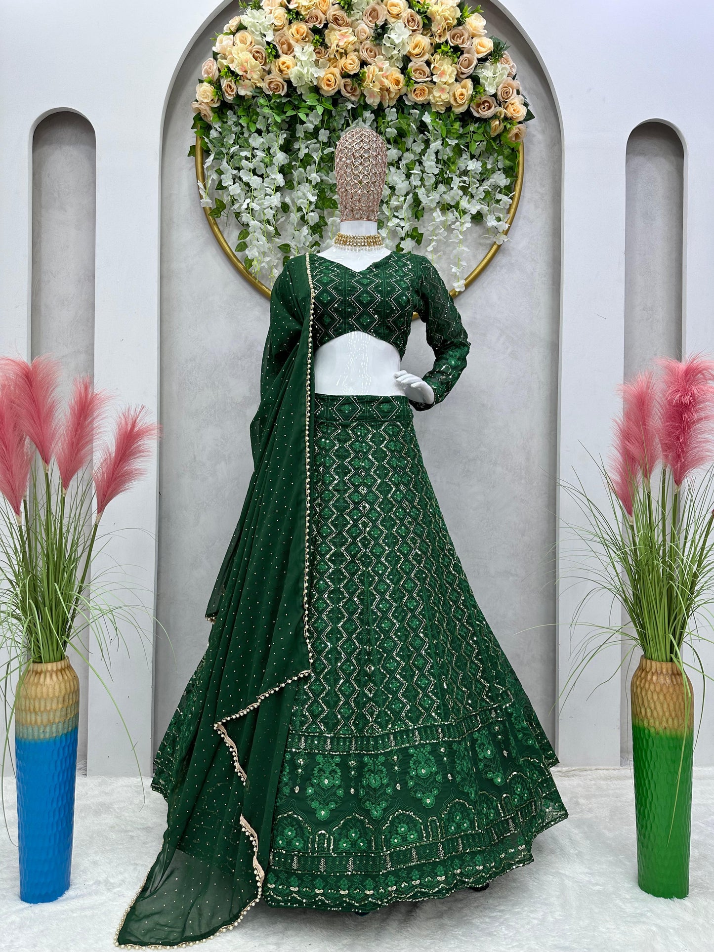 Green Georgette Embroidered Lehenga Choli