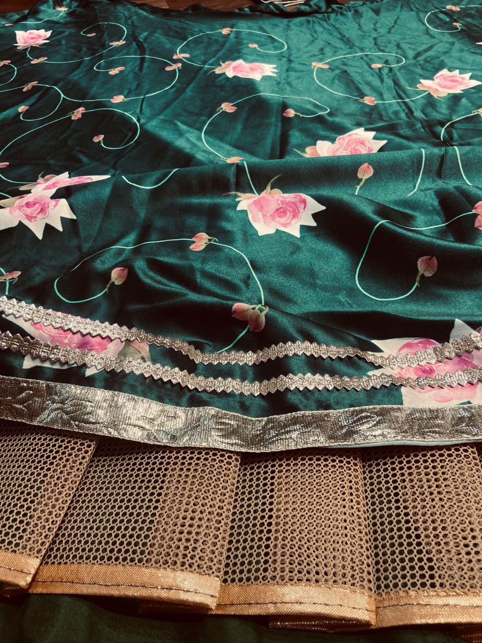 Green Color Satin Silk Print Semi Stitched Lehenga Choli
