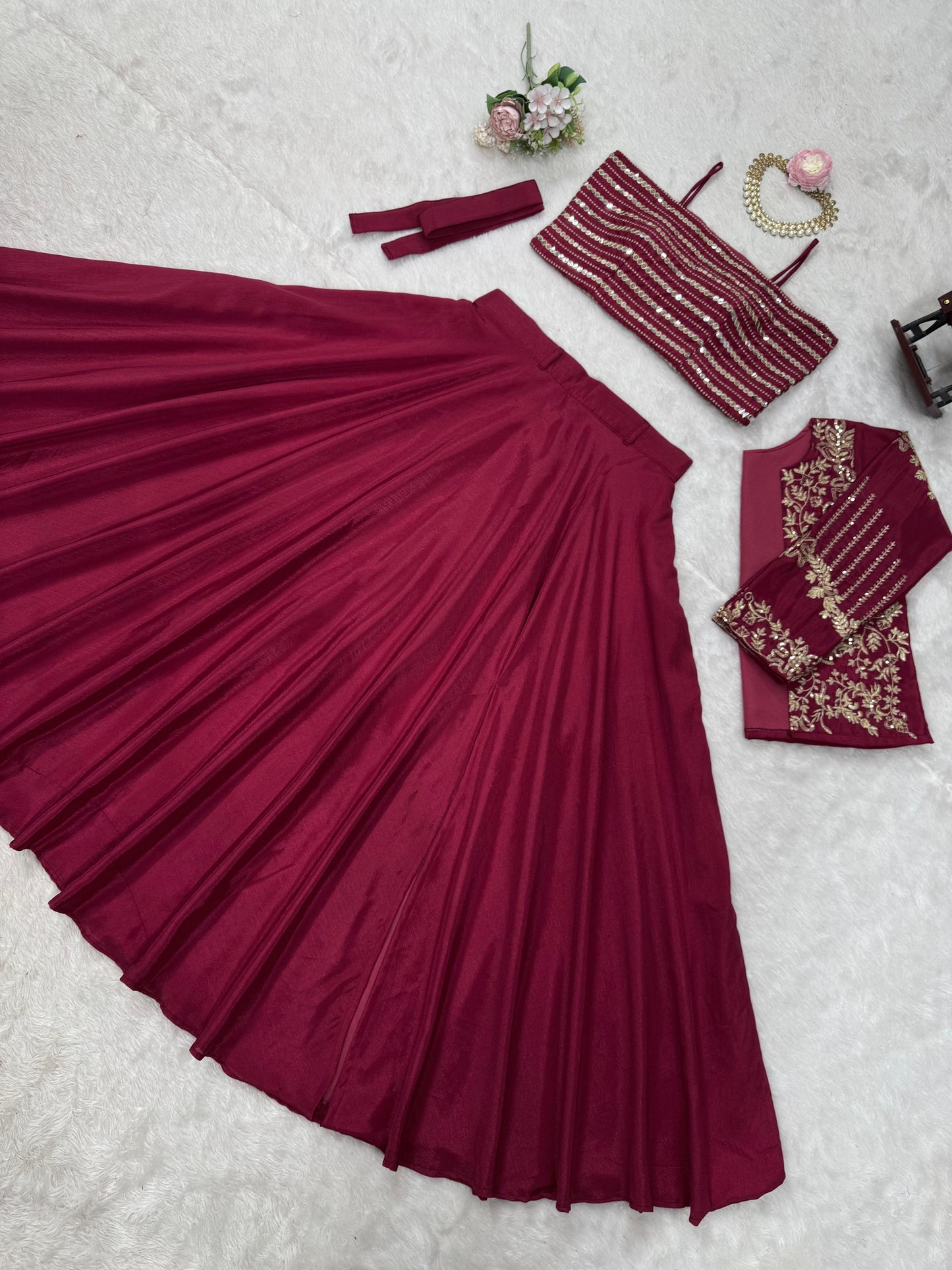 Maroon Color Silk Stitched Koti Style Lehenga Saree