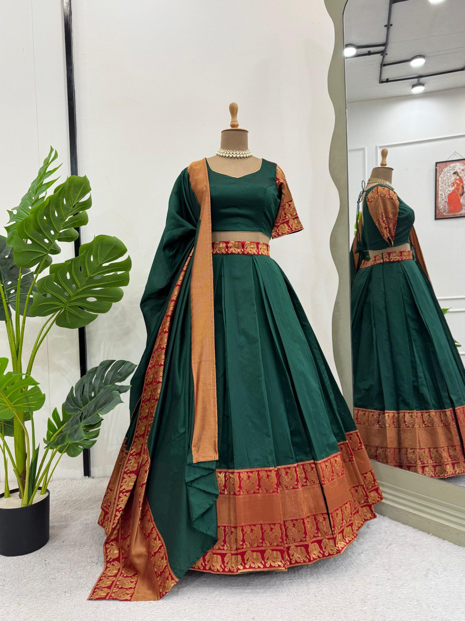 Traditional Wear Green Zari Silk Half Saree Lehenga South Indian Style With Belt