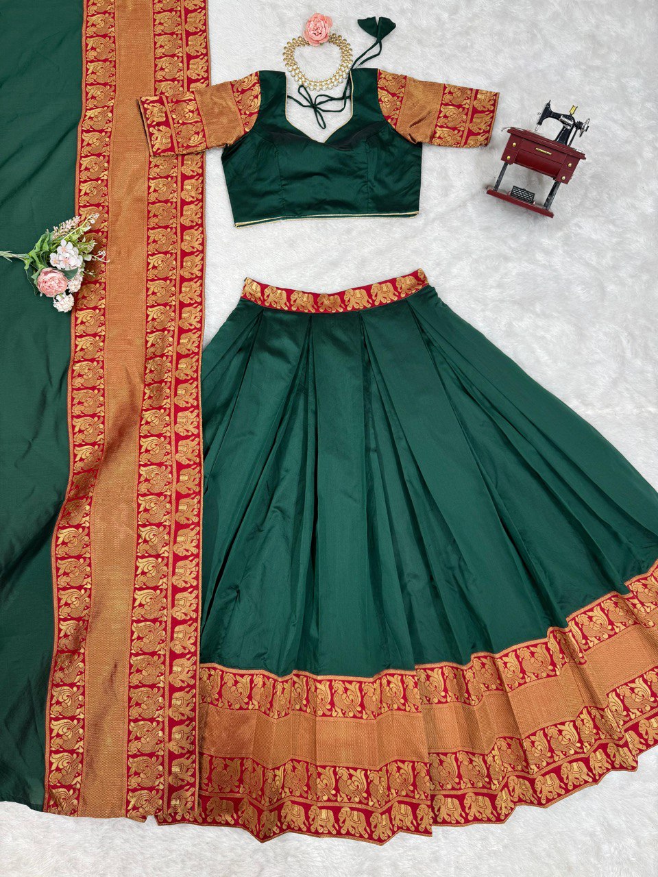 Traditional Wear Green Zari Silk Half Saree Lehenga South Indian Style With Belt