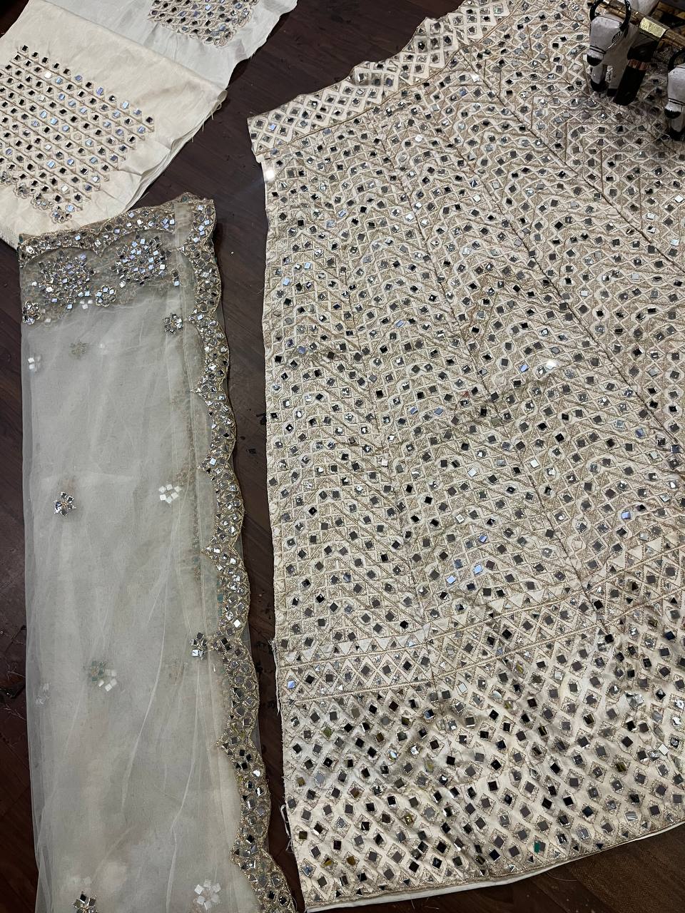 Classic Cream Color Satin Silk Real Mirror Embroidered Work Lehenga Chol