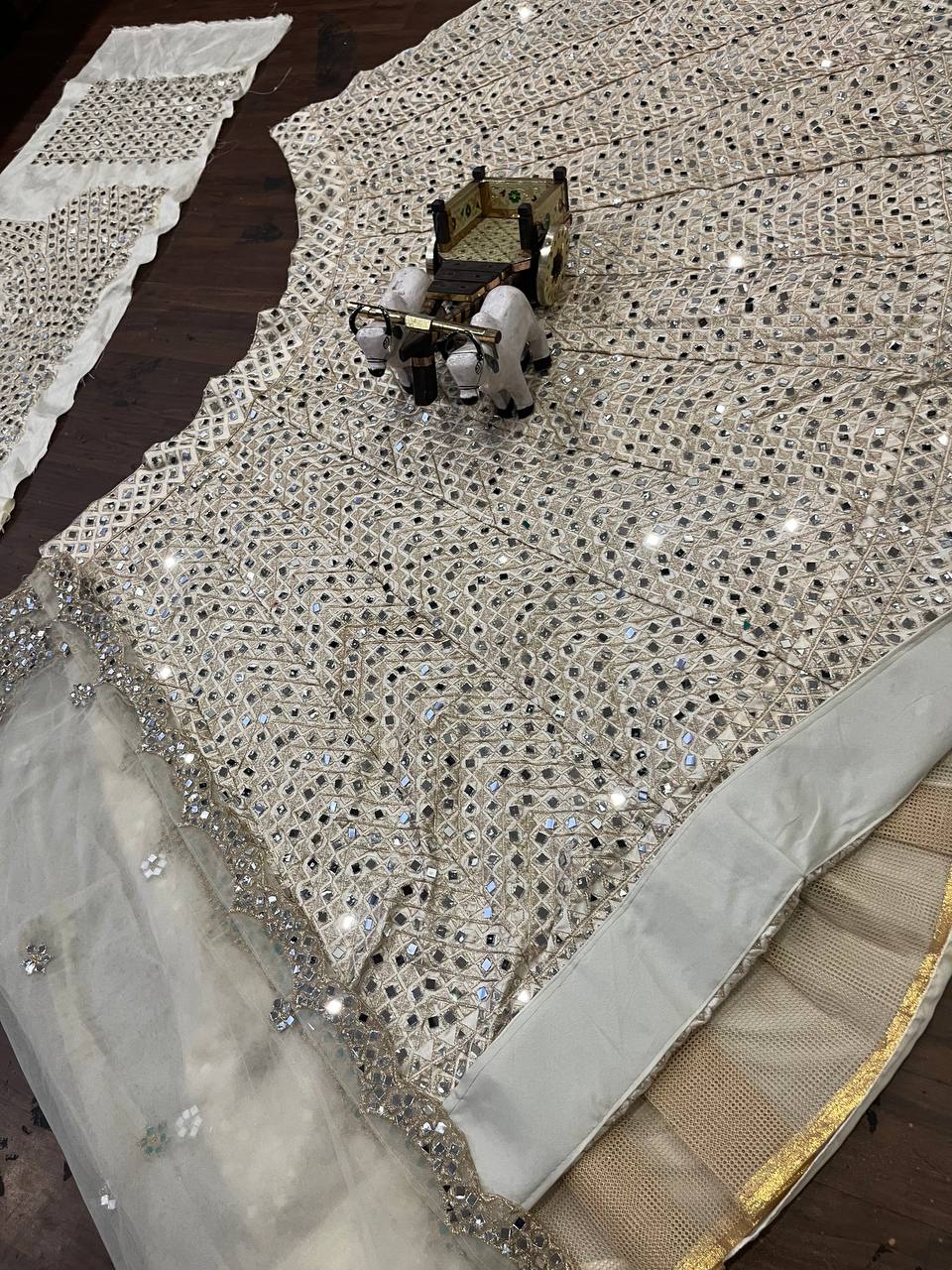 Classic Cream Color Satin Silk Real Mirror Embroidered Work Lehenga Chol