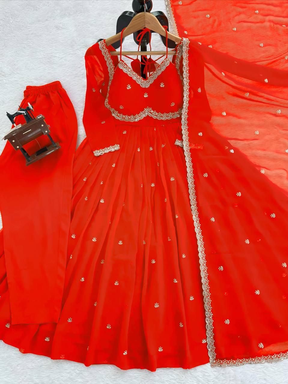 Red Georgette Anarkali Suit Set with 4-Meter Flair Fully Stiched