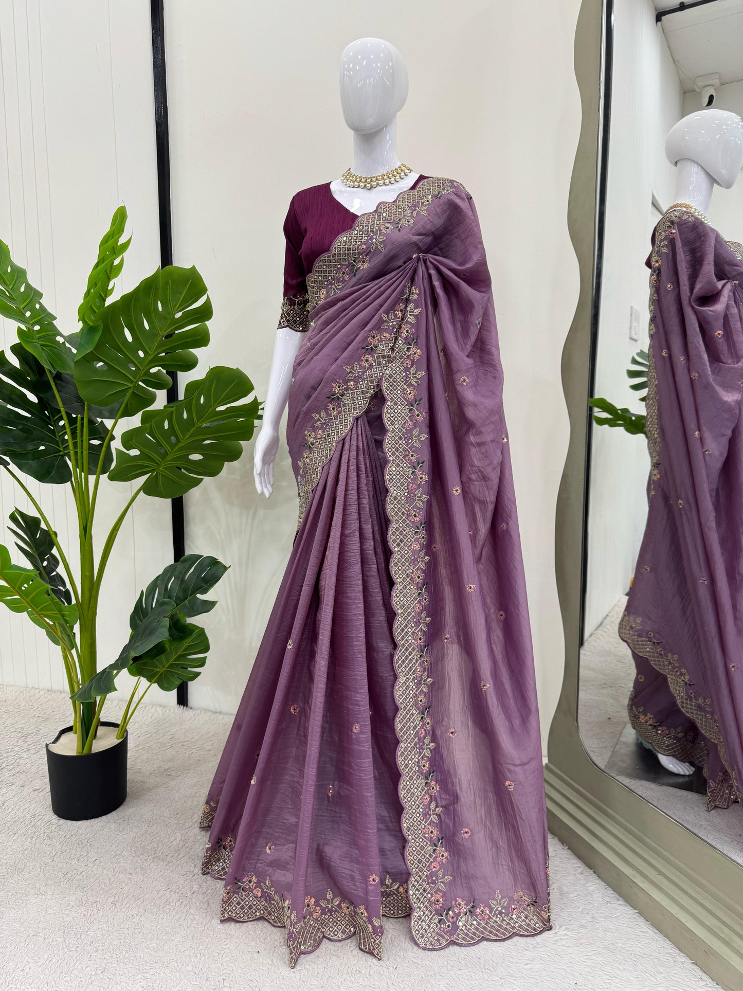 Wedding Wear Cruncy Silk Embroidered Border Work Saree