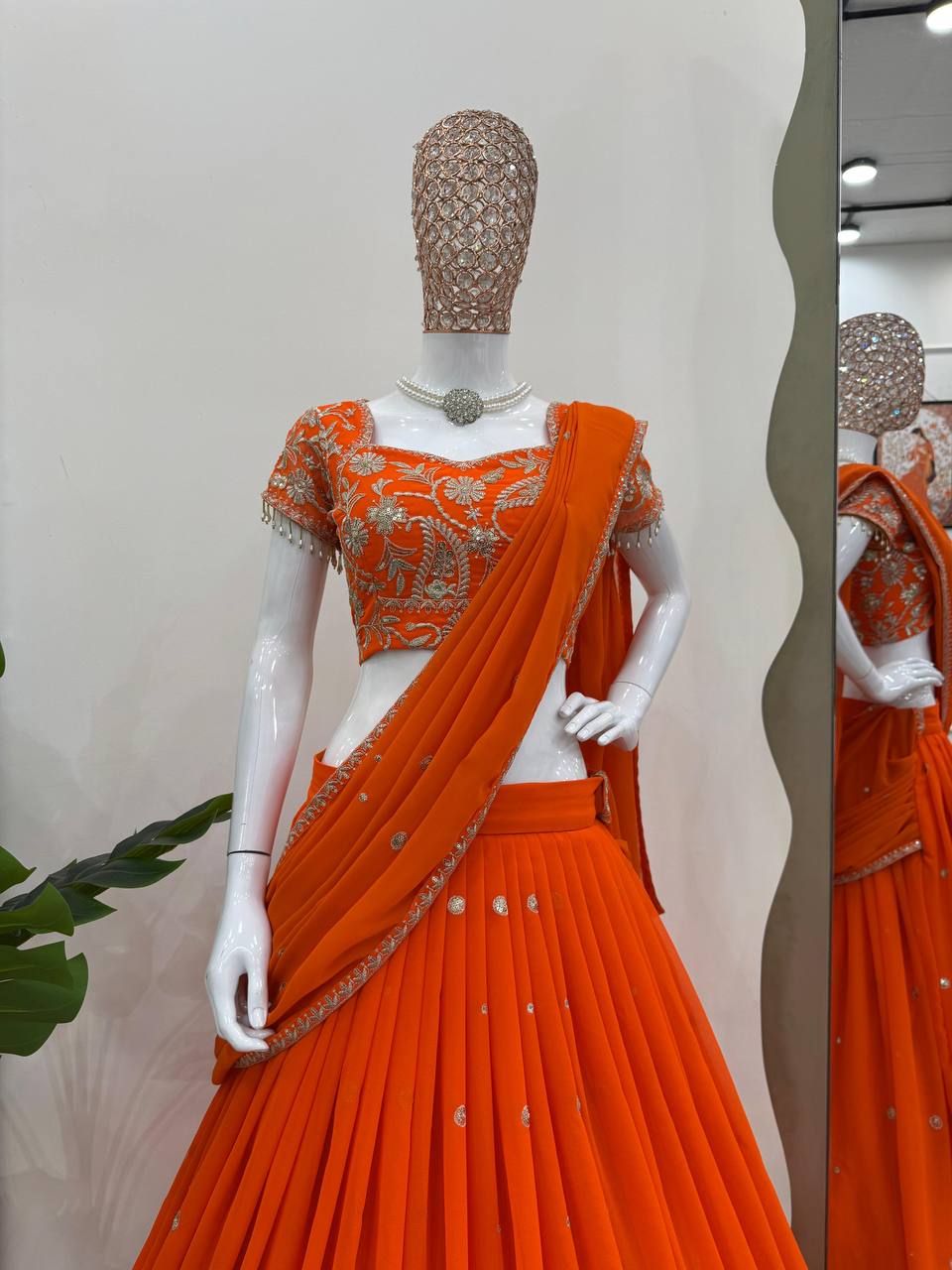 Ready to Wear Orange Color Ruffle Style Georgette Lehenga Saree