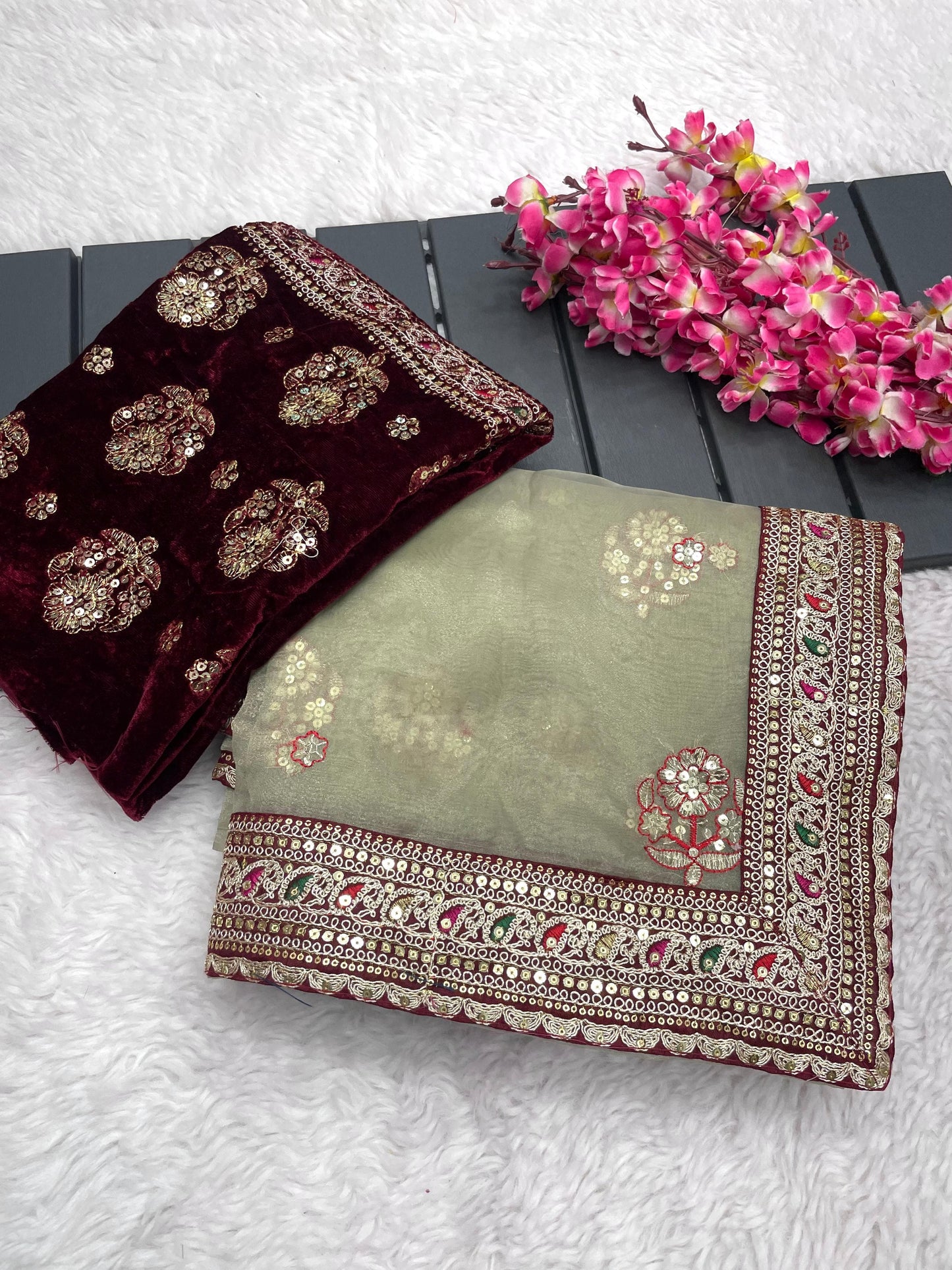 Designer Organza Silk Saree With Velvet Blouse