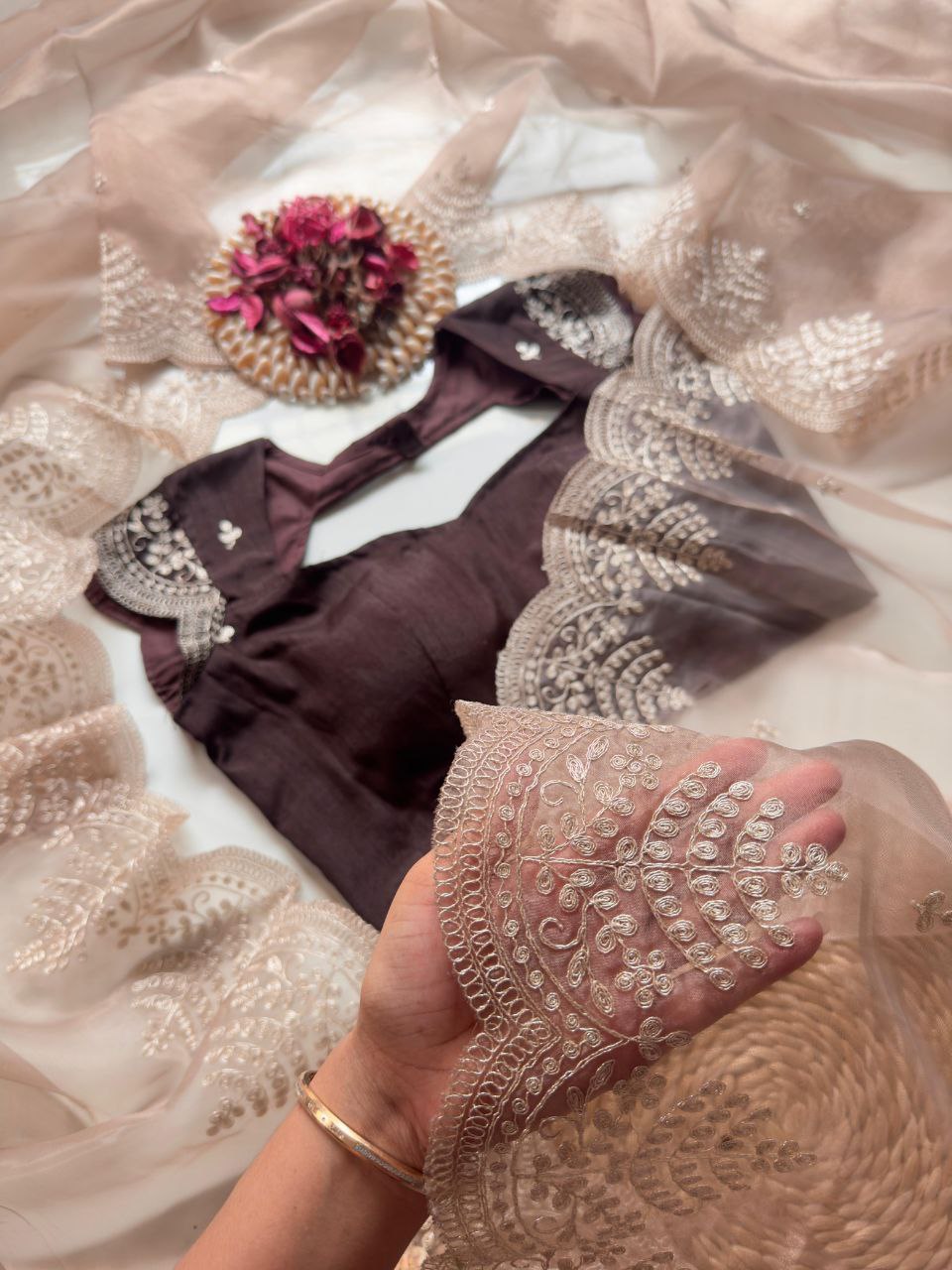 Elegant Beige Coffee Organza Tissue Saree with Embroidered Pallu & Banglori Silk Blouse Piece