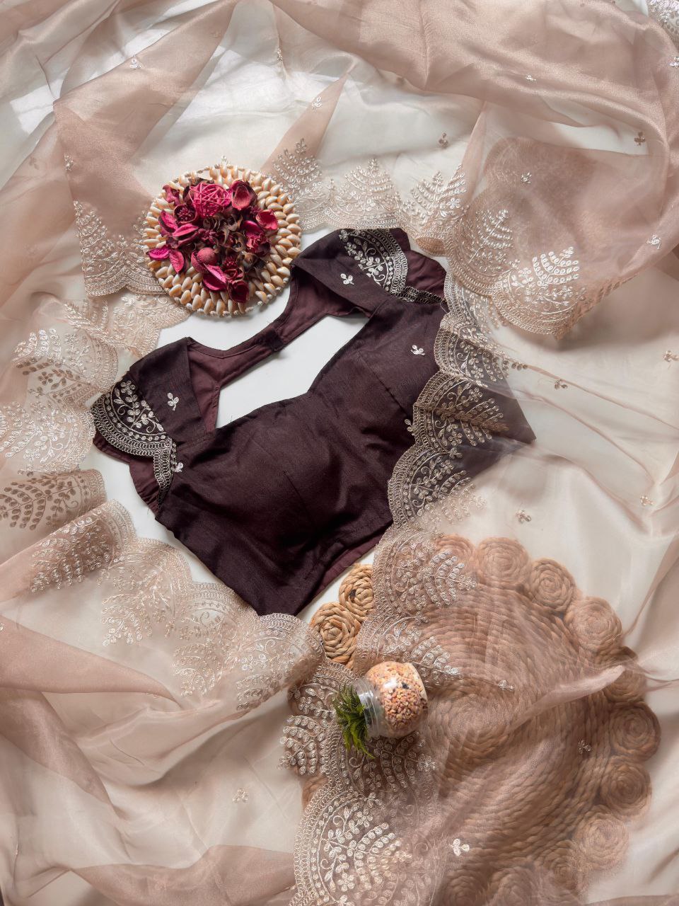 Elegant Beige Coffee Organza Tissue Saree with Embroidered Pallu & Banglori Silk Blouse Piece