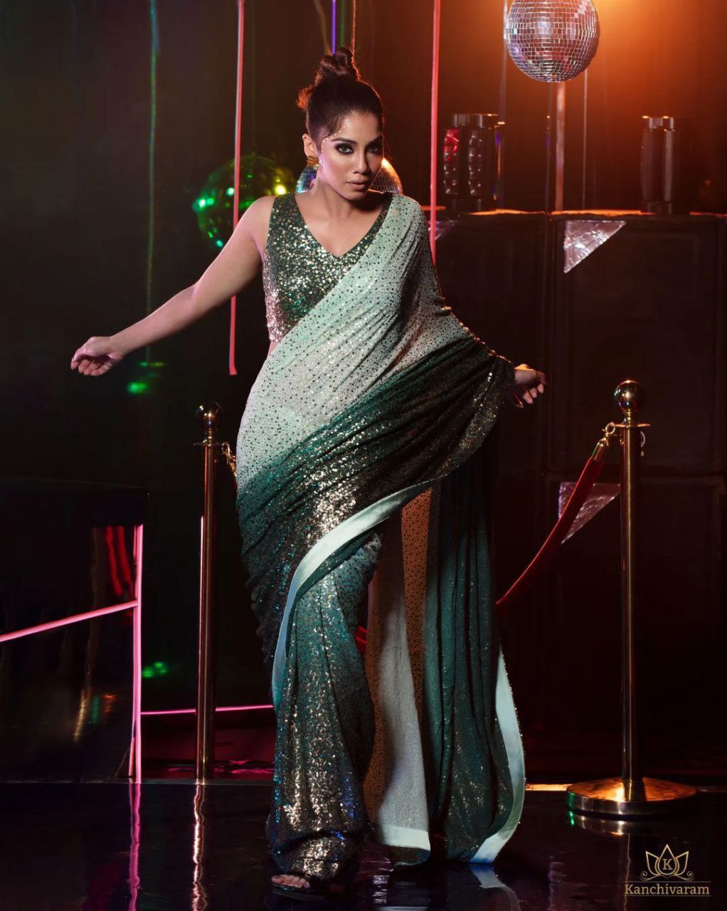 Lovely Georgette Green Shaded Sequince Work Designer Saree