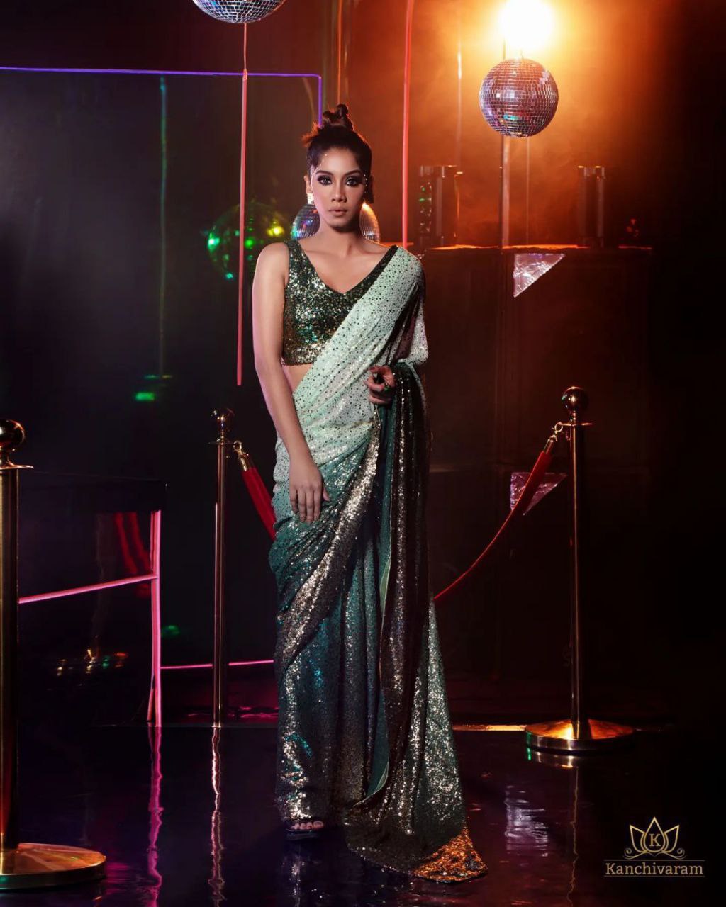 Lovely Georgette Green Shaded Sequince Work Designer Saree