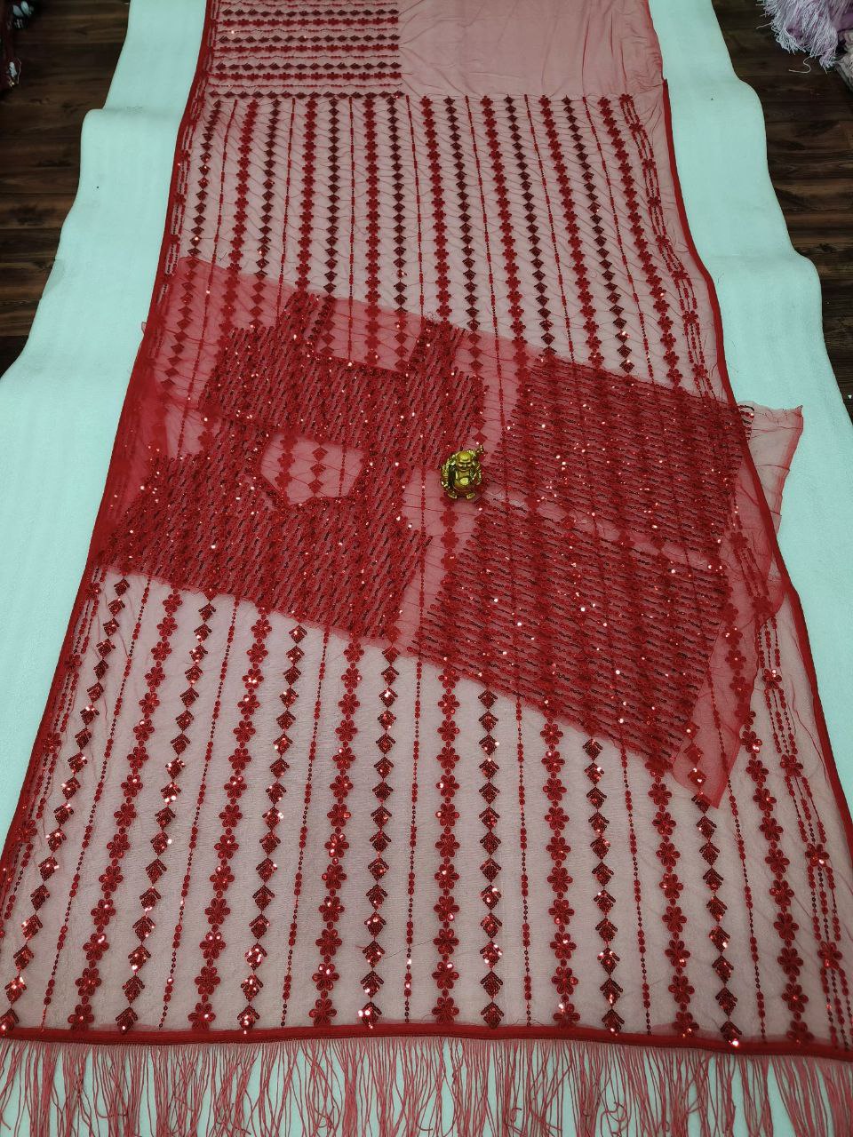 Red Soft Net Sequence Work Saree